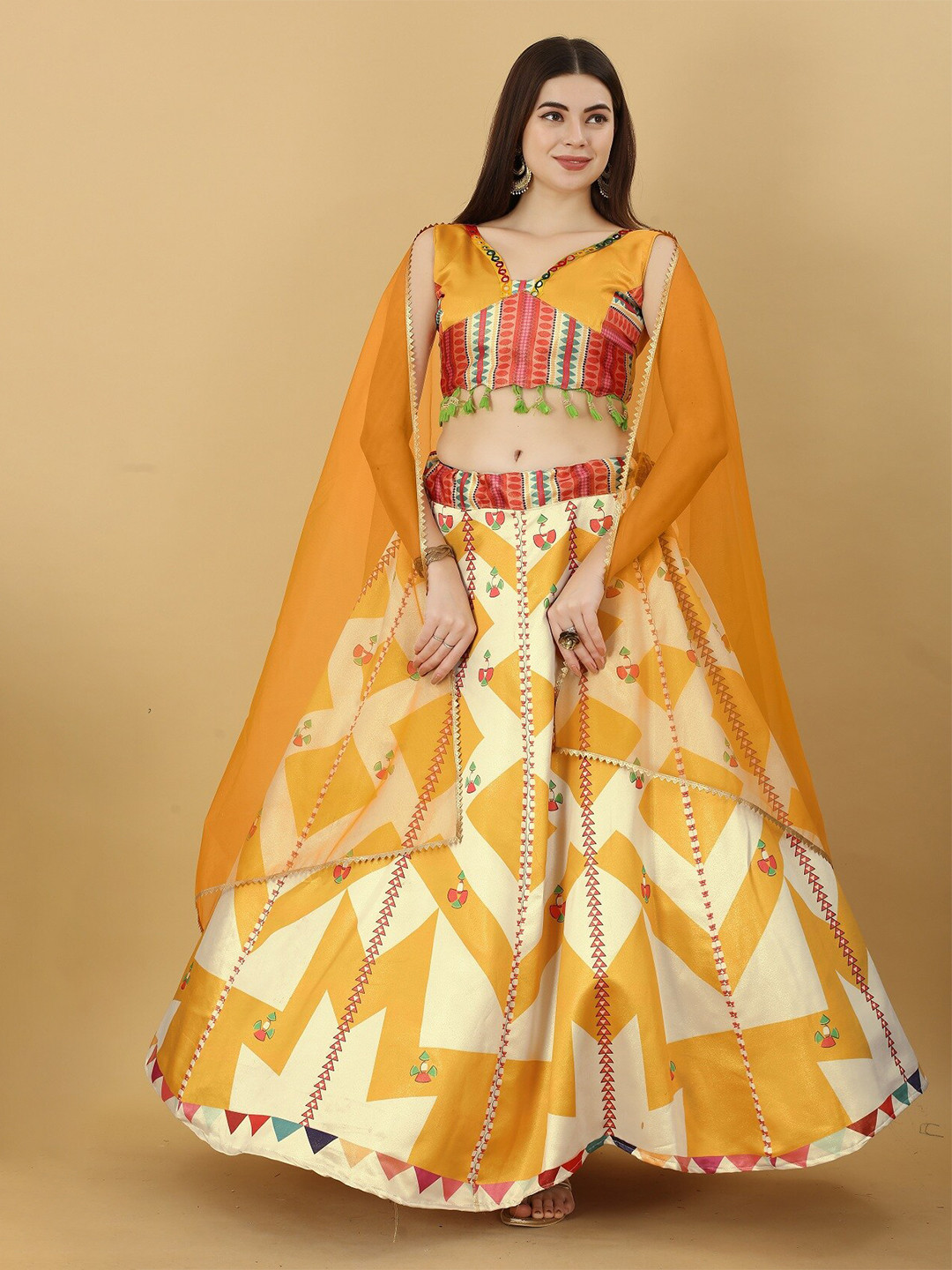 

Fashion Basket Printed Satin Semi-Stitched Lehenga & Unstitched Blouse With Dupatta, Yellow