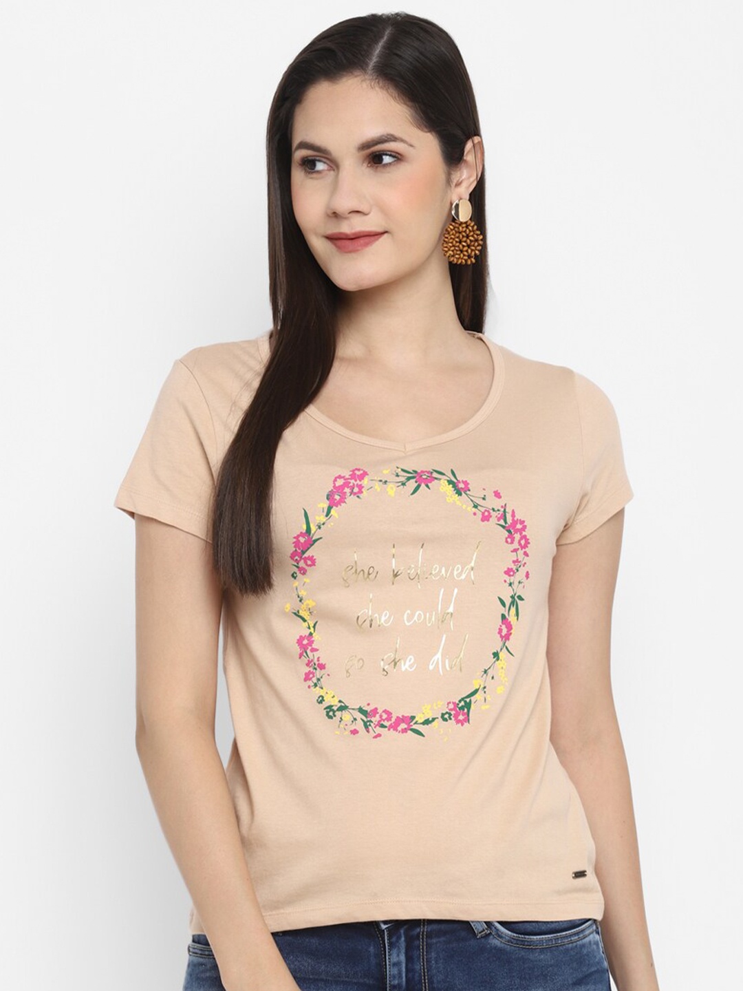 

LAMOURE BY RED CHIEF Typography Printed Short Sleeves T-shirt, Nude