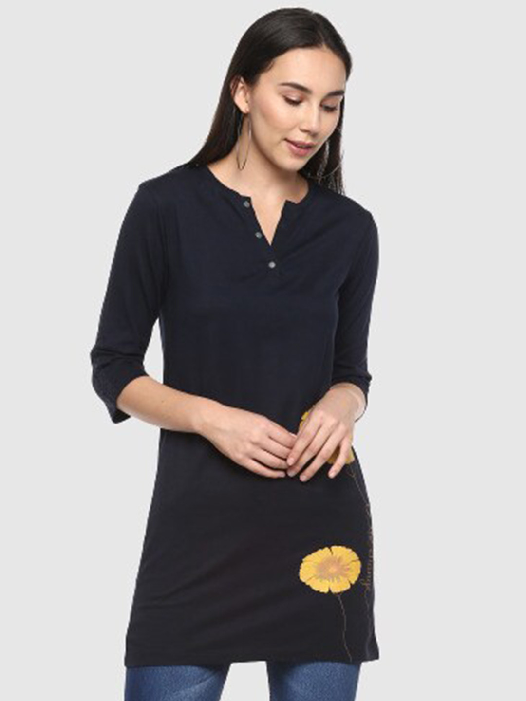 

LAMOURE BY RED CHIEF Floral Printed Henley Neck Cotton T-shirt, Black