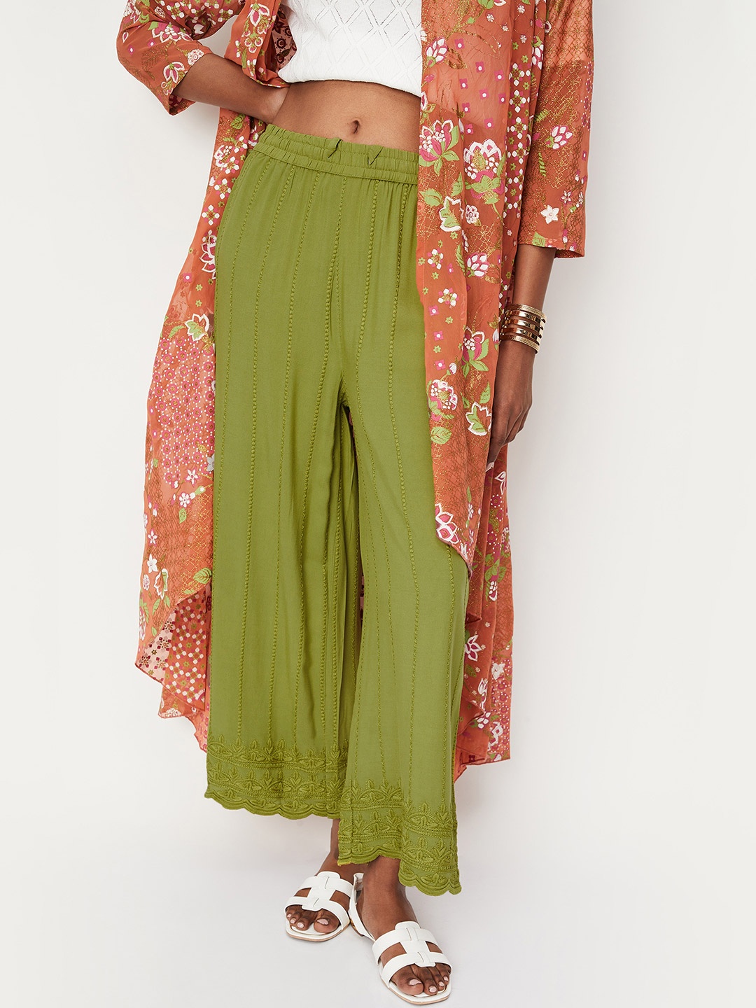 

max Women Striped Embroidered Parallel Trousers, Green