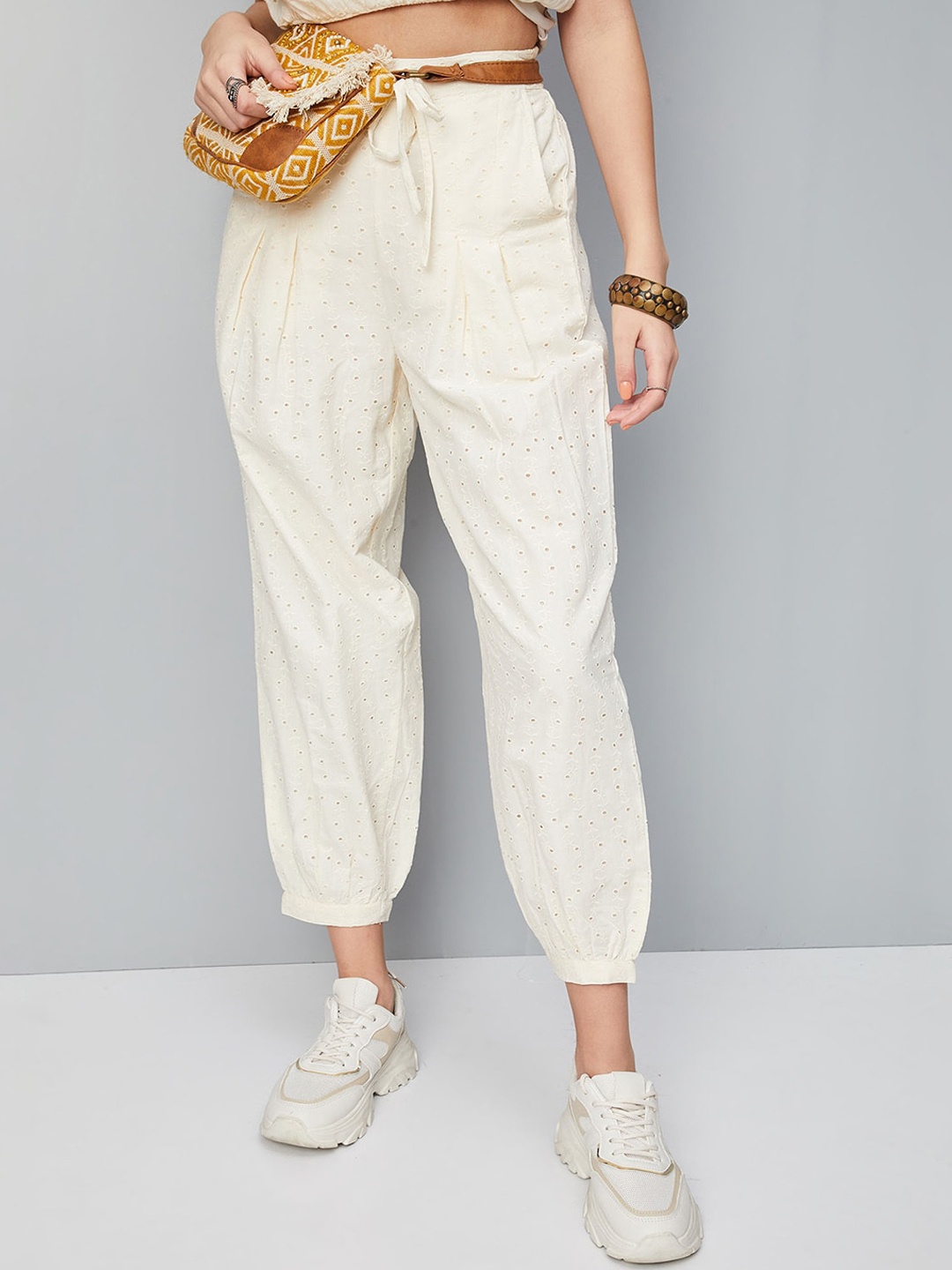 

max Women Self Design Mid Rise Schifili Cropped Pure Cotton Joggers, Cream