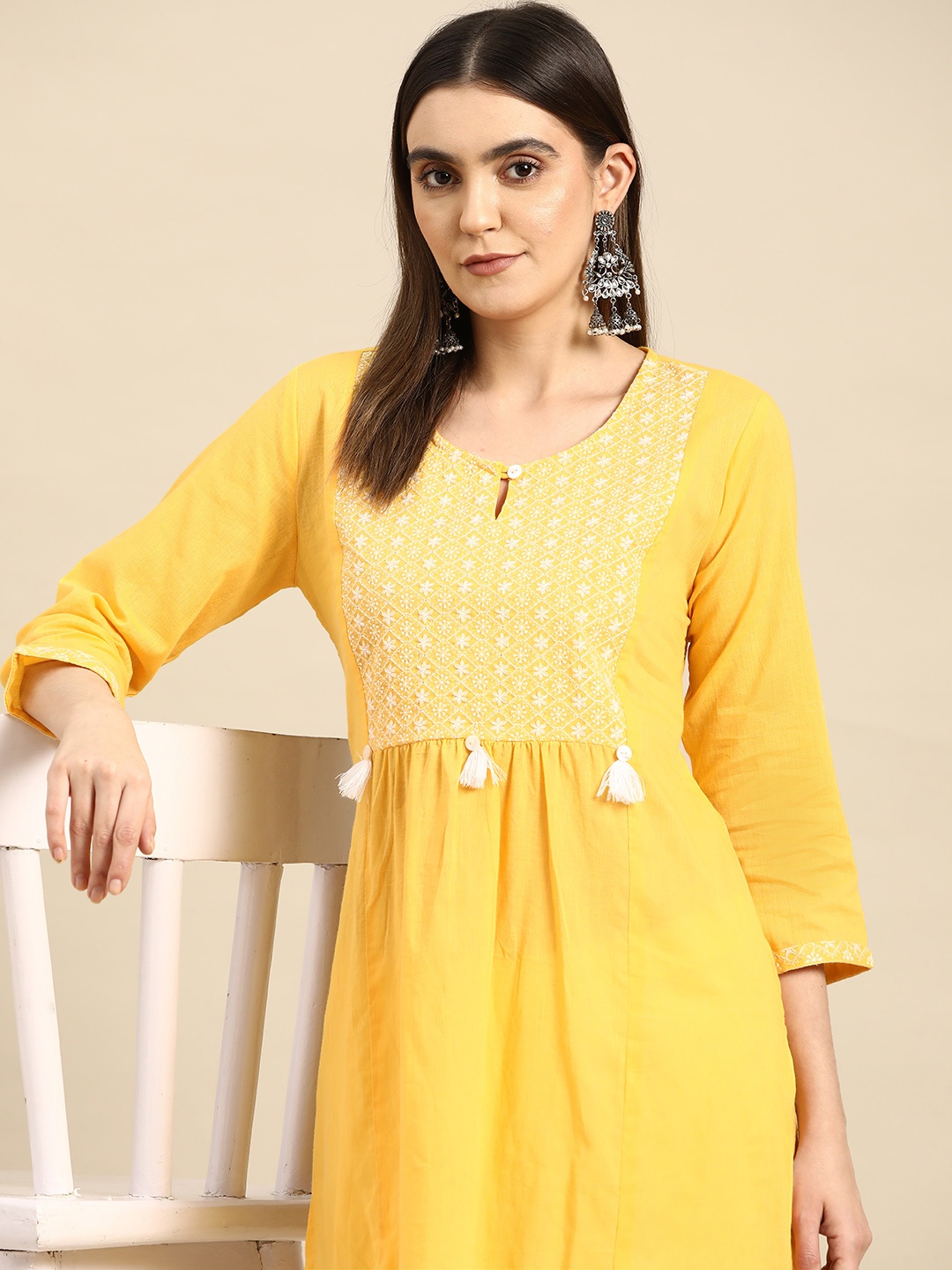 Anouk Floral Yoke Design Thread Work Kurta, Yellow