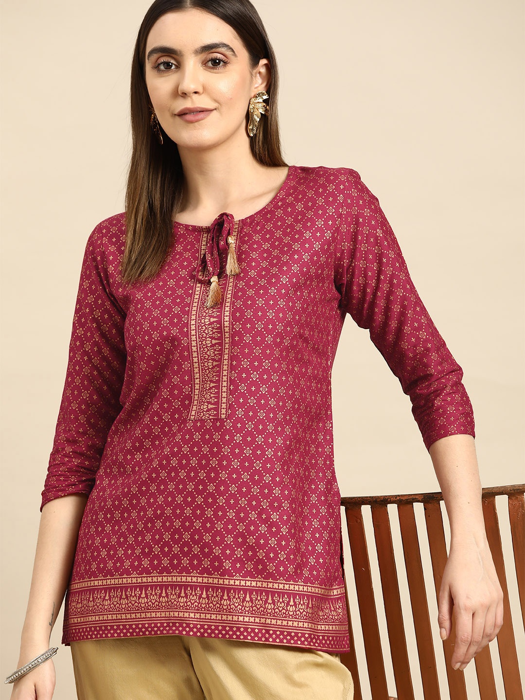 

Anouk Maroon Leheriya Embellished Kurti