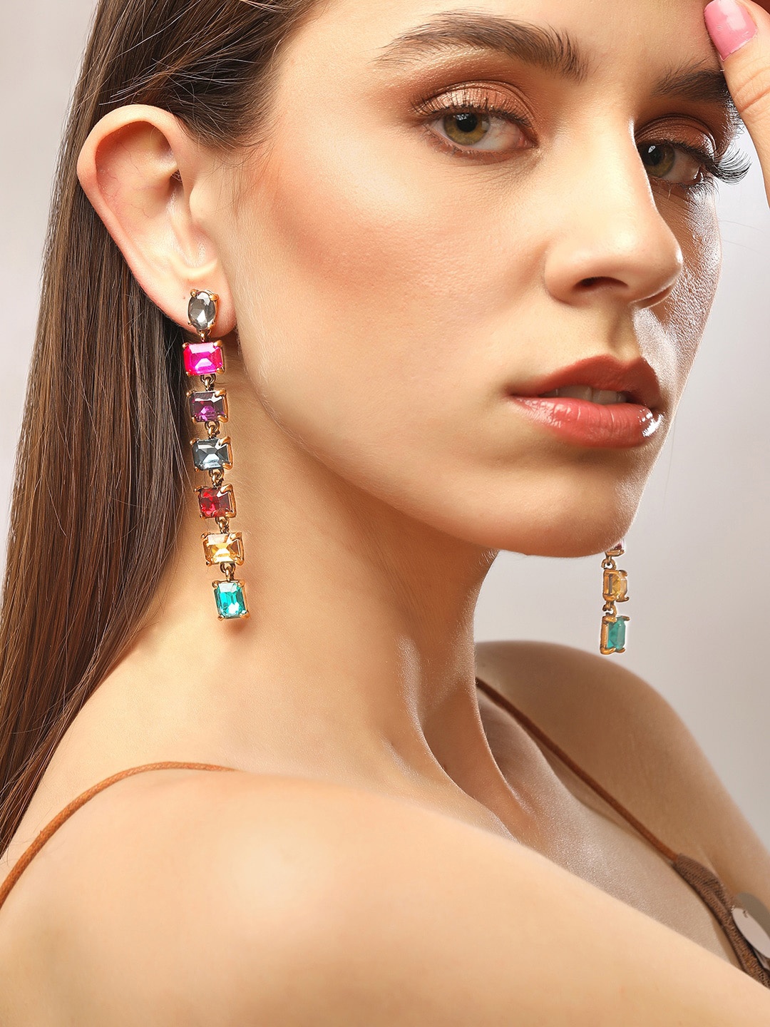 

Rubans Voguish Gold-Plated Geometric Drop Earrings, Pink