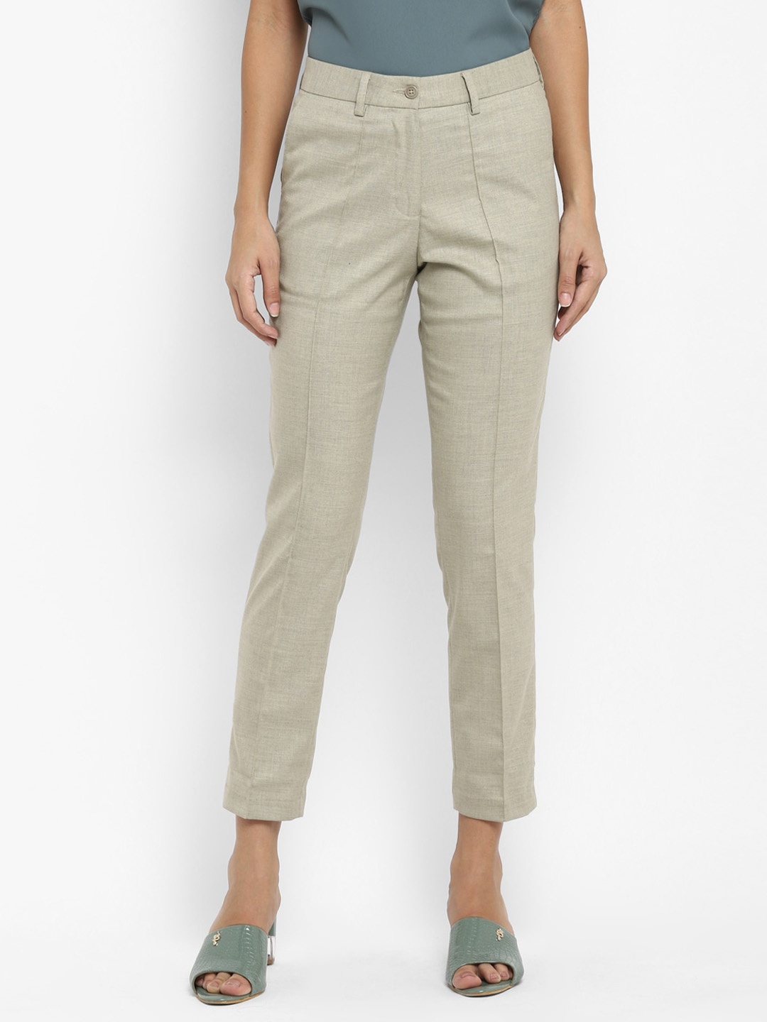 

LAMOURE BY RED CHIEF Women Textured Mid Rise Slim Fit Cotton Cigarette Trousers, Cream
