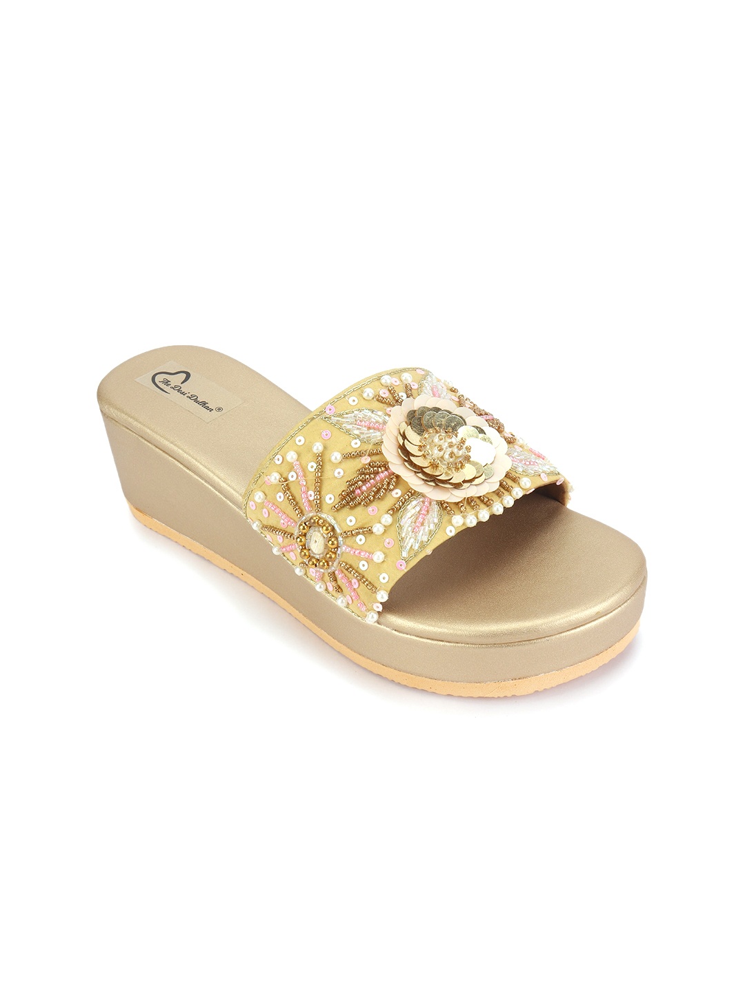 

The Desi Dulhan Embellished Open Toe Flatform Heels, Gold