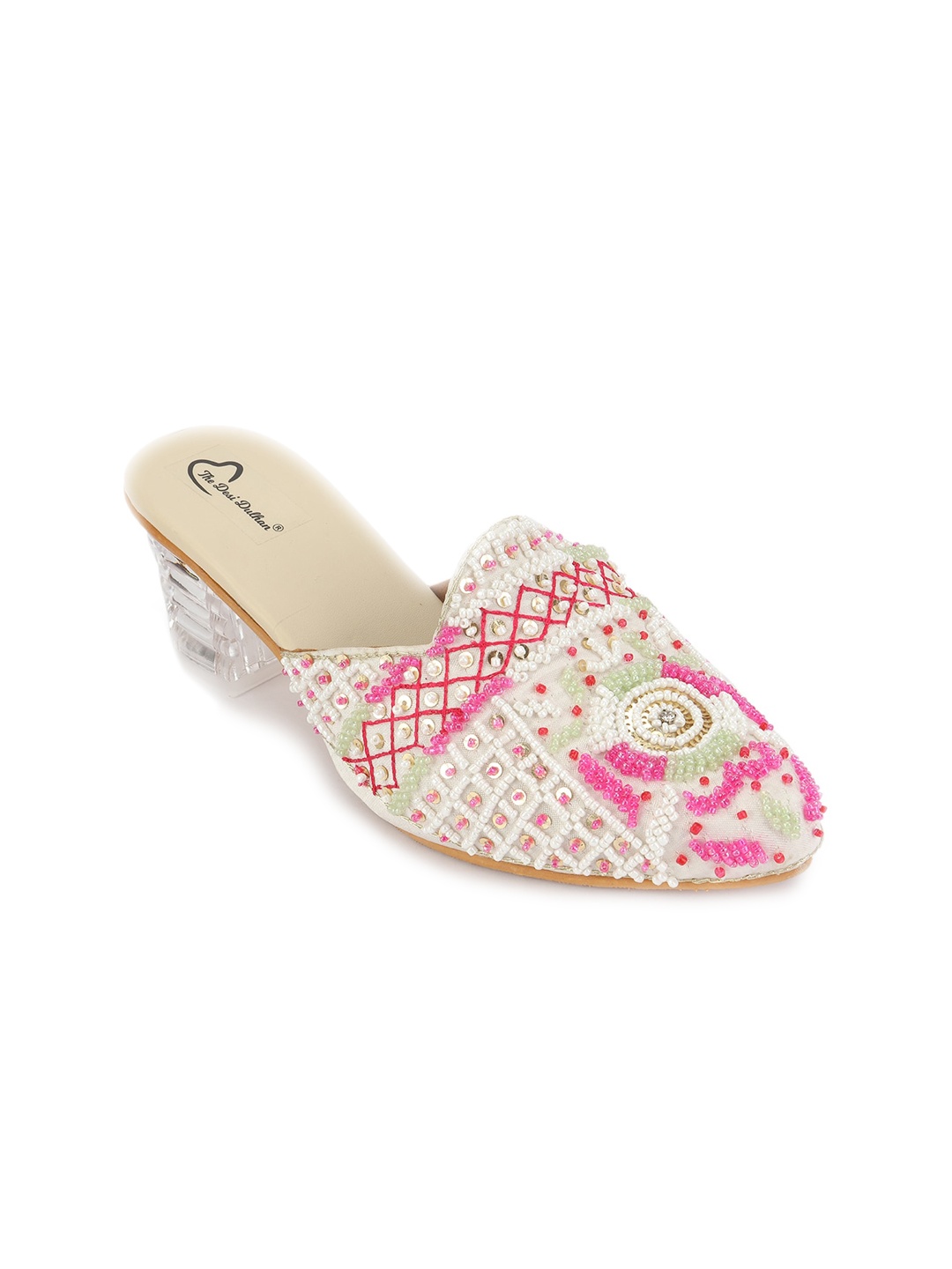 

The Desi Dulhan Ethnic Pointed Toe Embellished Block Mules, White