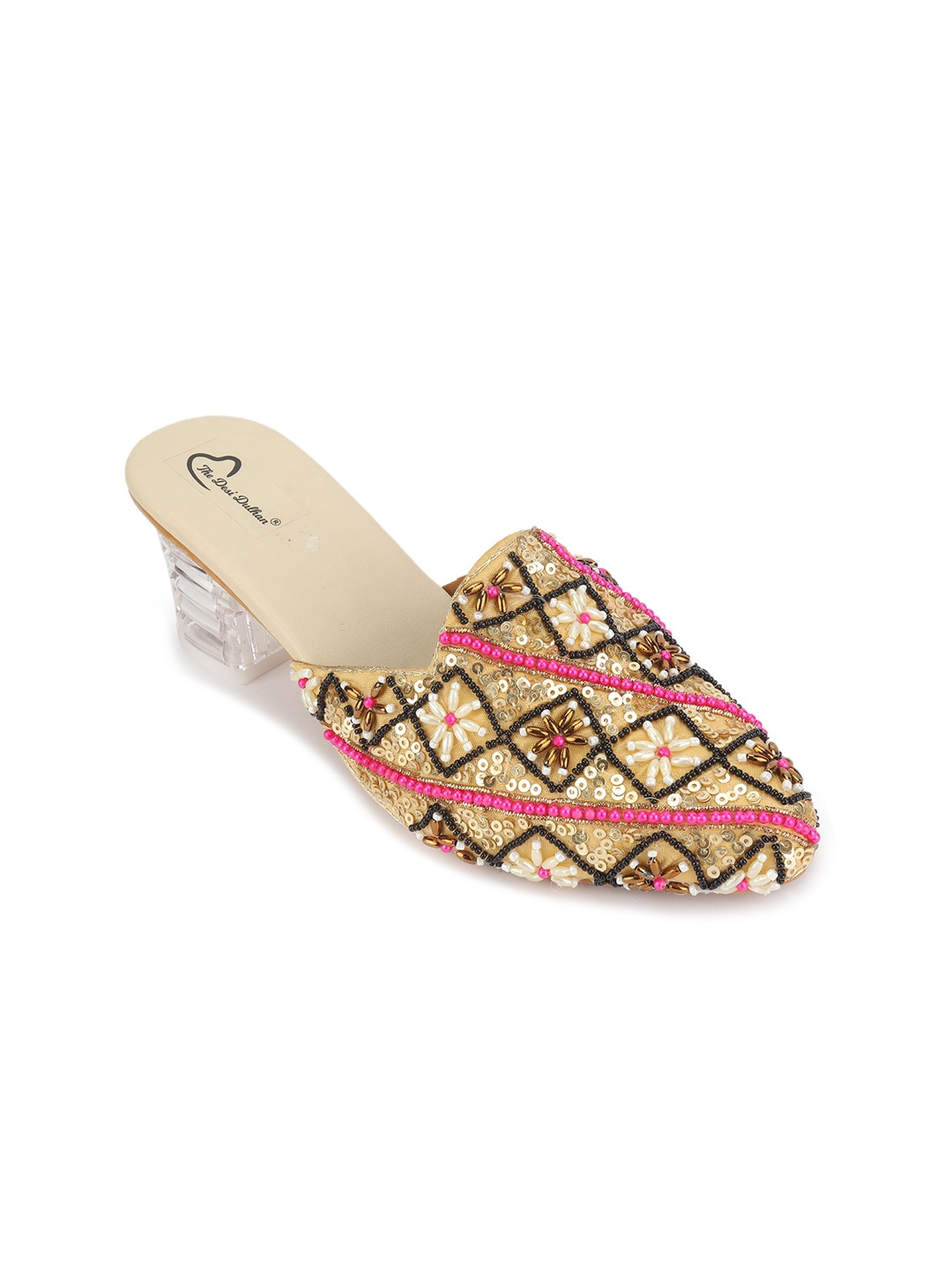 

The Desi Dulhan Embellished Block Heel Mules, Gold
