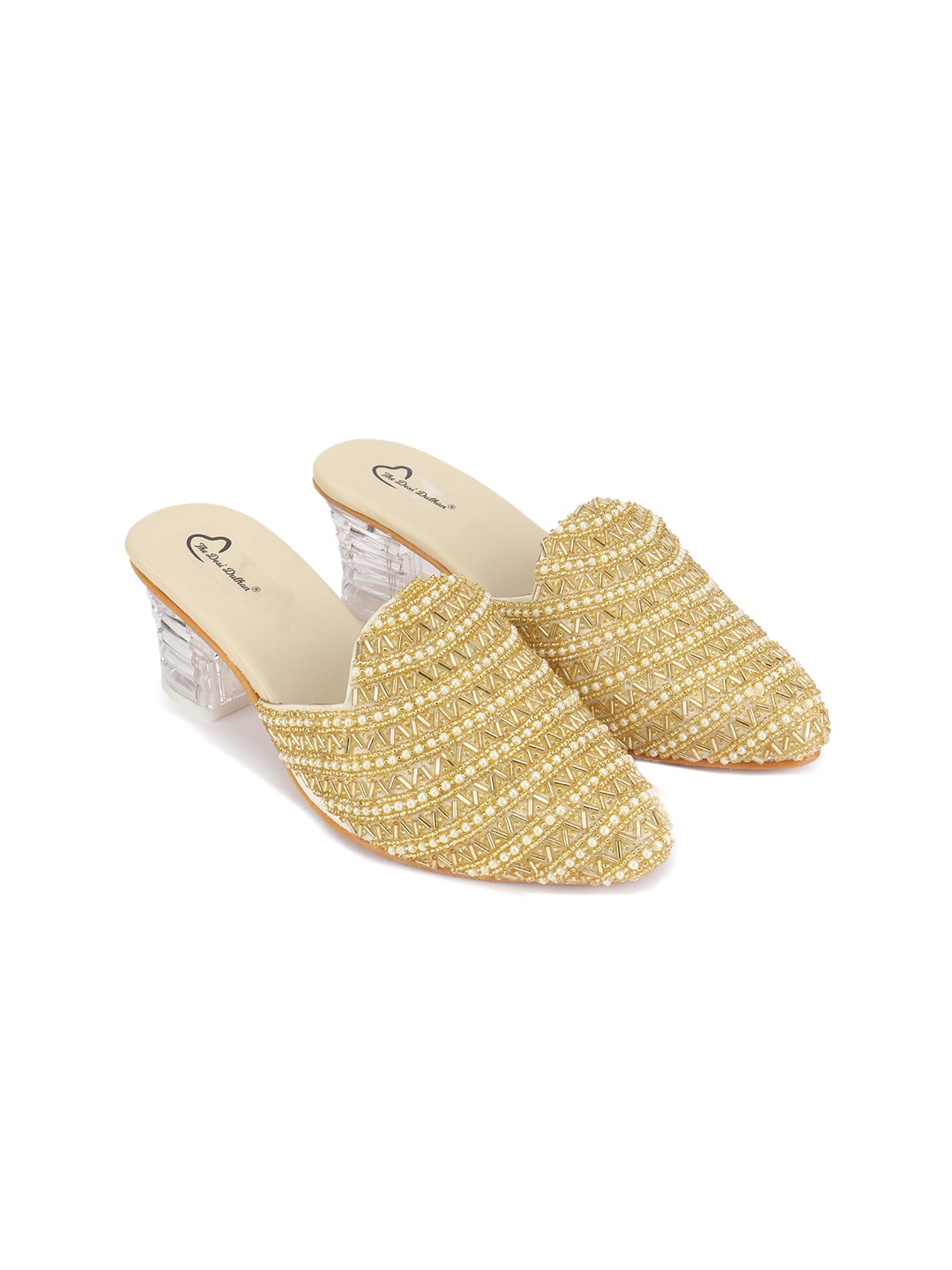 

The Desi Dulhan Embellished Block Heel Mules, Gold