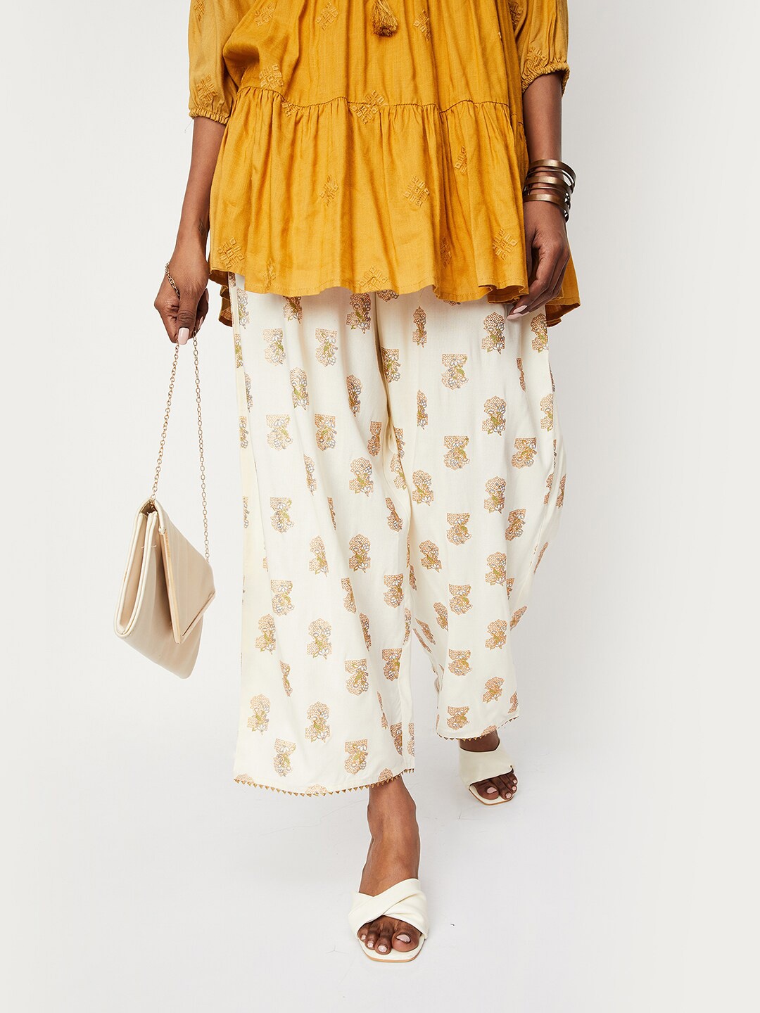 

max Women Floral Printed Chanderi Cotton Slip-On Ethnic Palazzo, Beige
