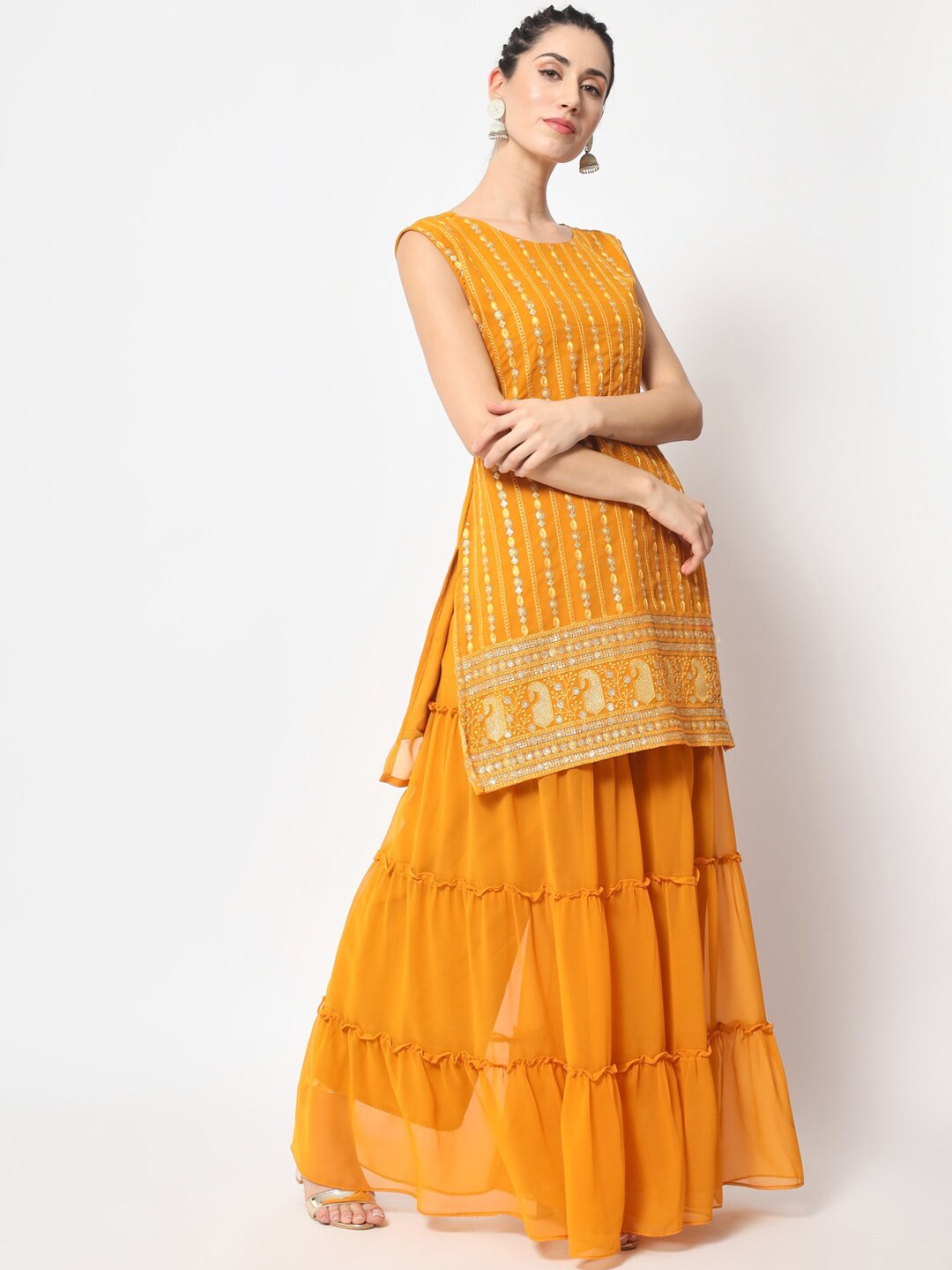 

KALINI Women Floral Embroidered Thread Work Kurta With Sharara & Dupatta, Yellow