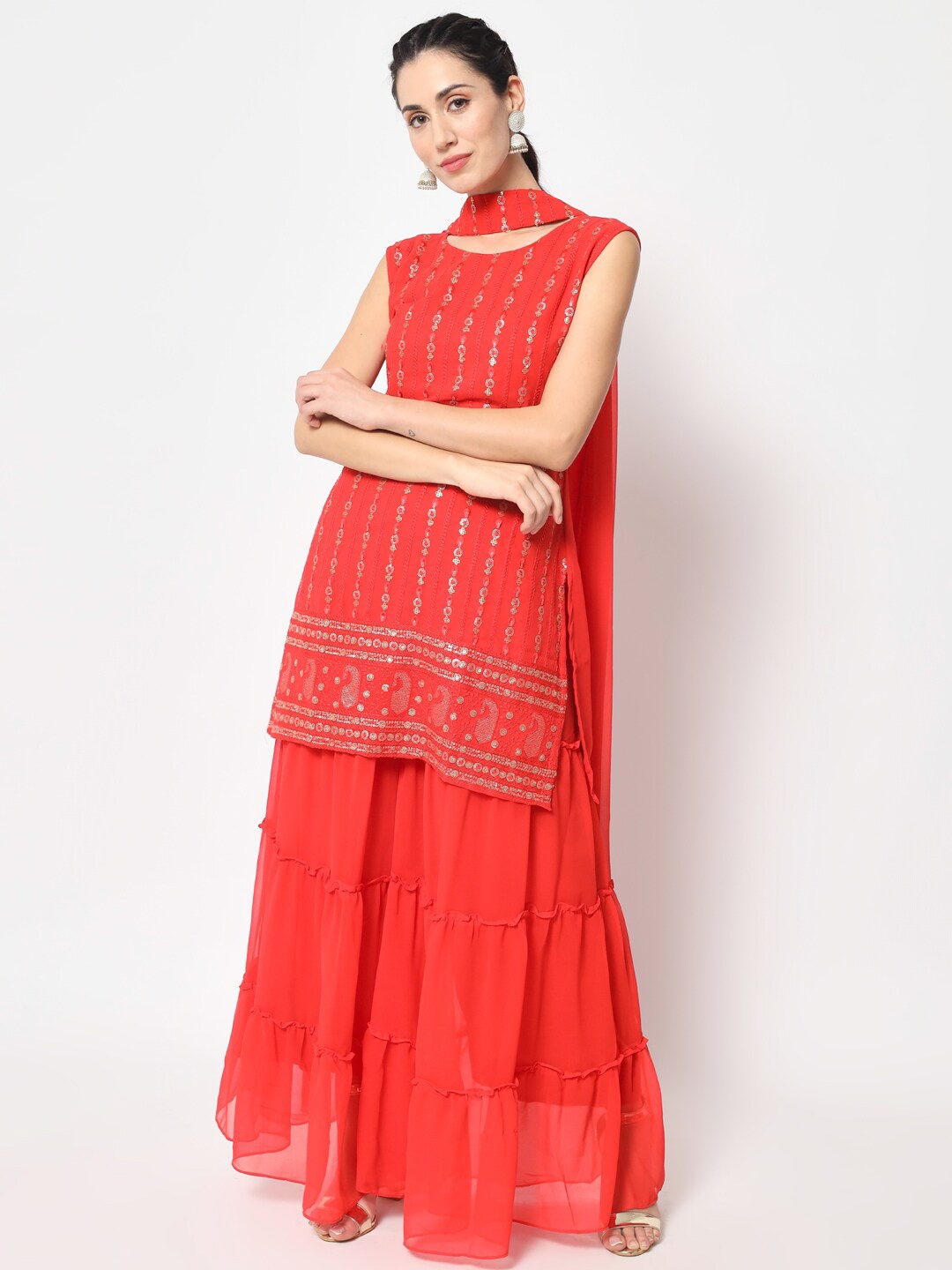

KALINI Paisley Embroidered Thread Work Sleeveless Kurta & Sharara With Dupatta, Red