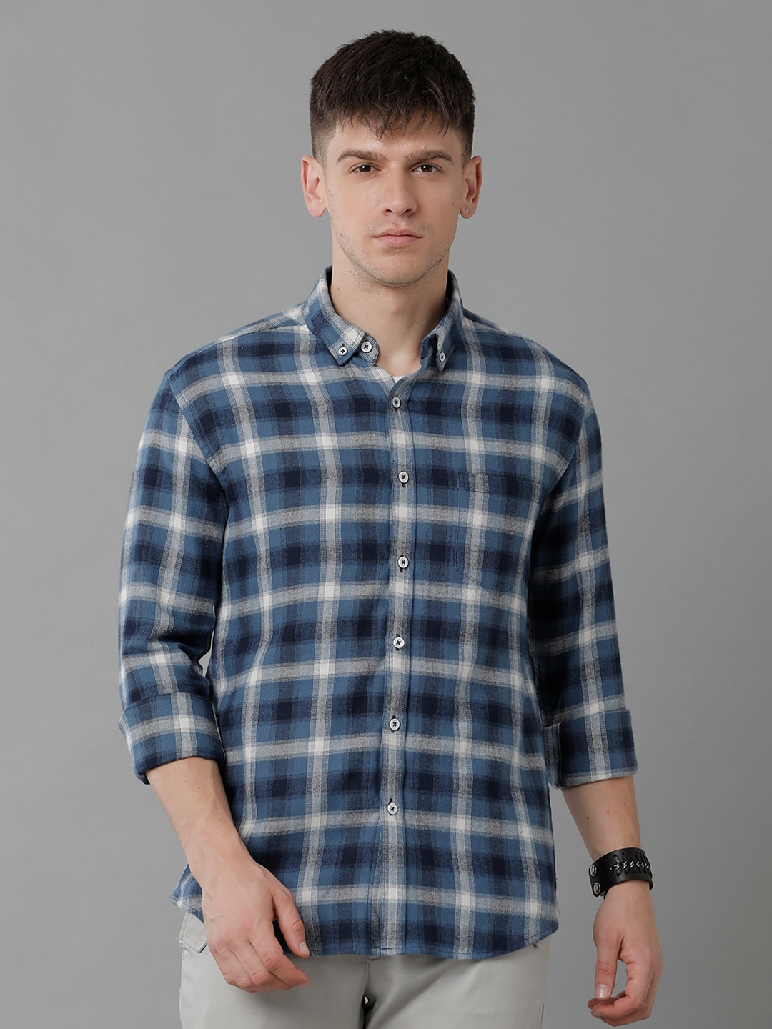 

YOVISH Premium Tartan Checked Casual Pure Cotton Shirt, Navy blue