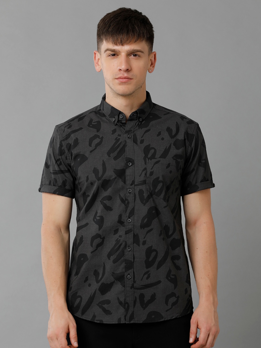 

YOVISH Premium Abstract Printed Button-Down Collar Casual Cotton Shirt, Grey
