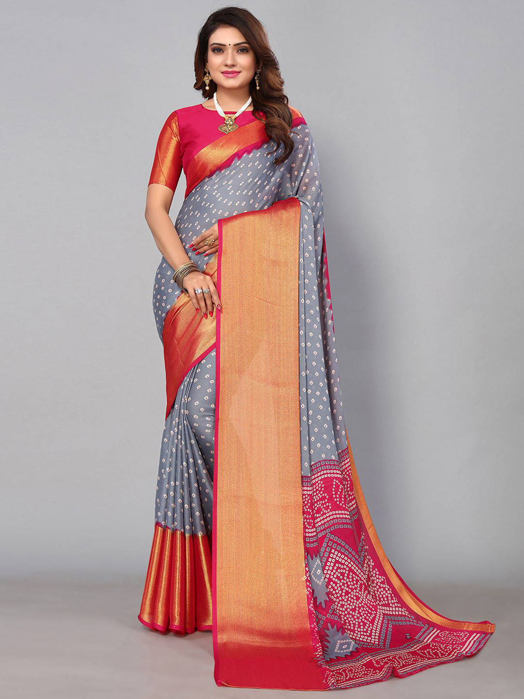 

SIRIL Printed Zari Bordered Bandhani Saree, Grey