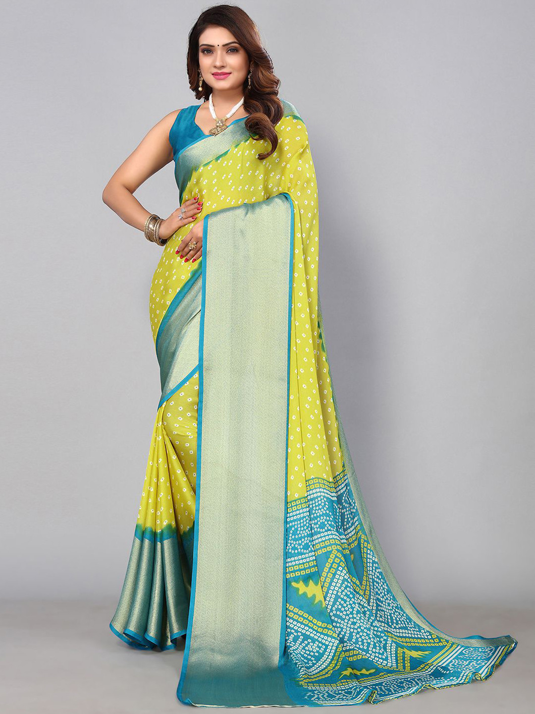 

SIRIL Zari Bandhani Saree, Green