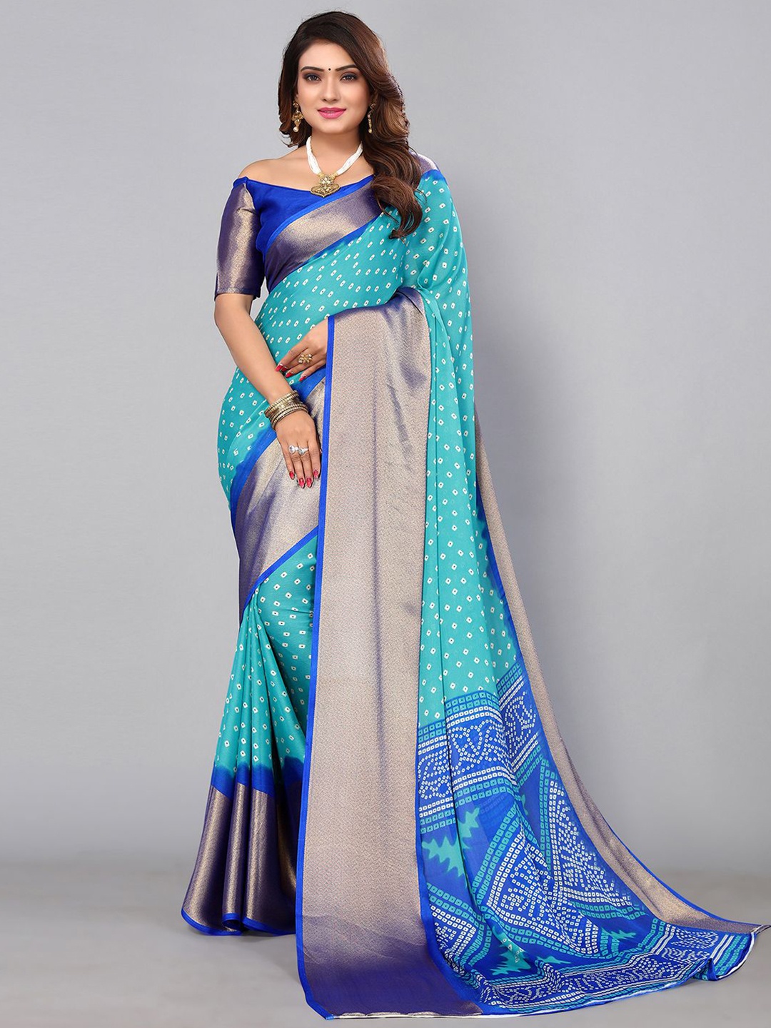 

SIRIL Turquoise Bandhani Printed Zari Border Saree, Turquoise blue