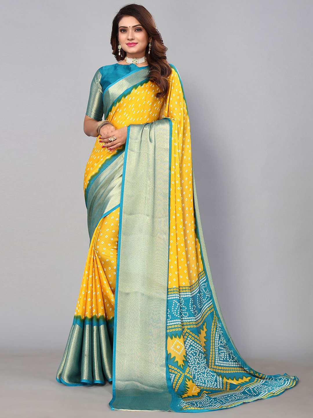

SIRIL Printed Zari Bordered Bandhani Saree, Yellow