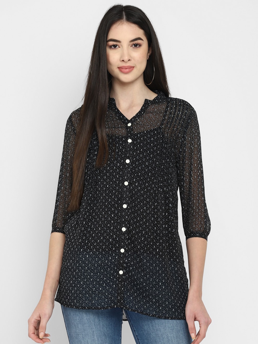 

LAMOURE BY RED CHIEF Conversational Printed Mandarin Collar Shirt Style Top, Black
