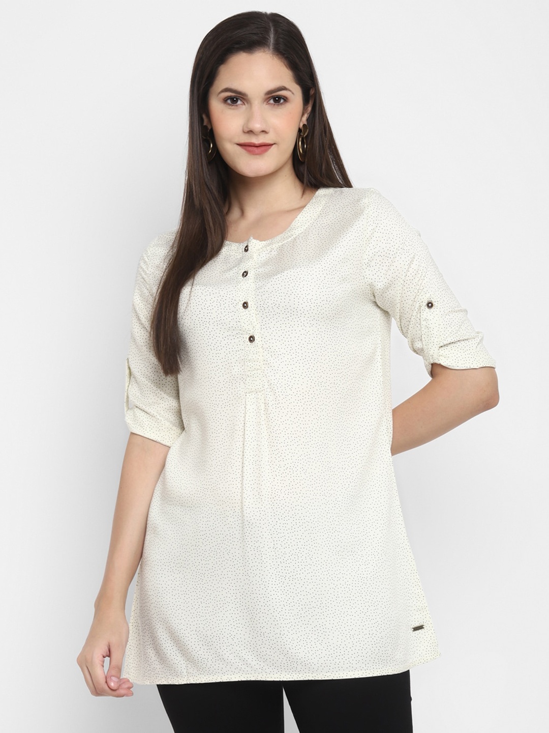 

LAMOURE BY RED CHIEF Polka Dots Printed Round Neck Roll-Up Sleeves Top, Cream