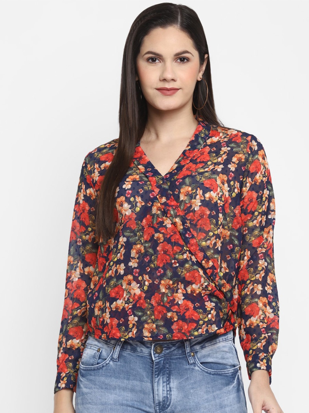 

LAMOURE BY RED CHIEF Floral Printed Wrap Top, Navy blue