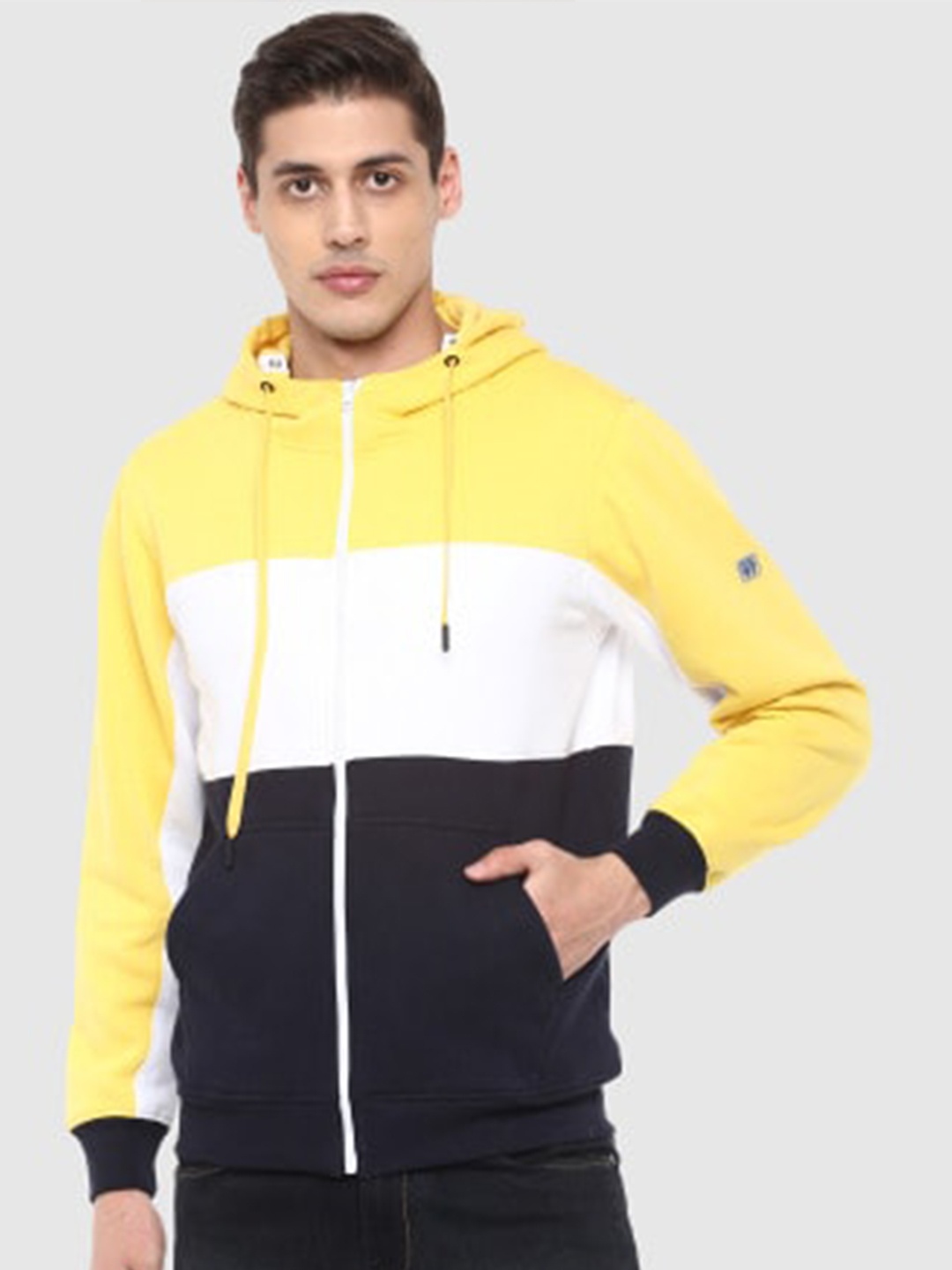 

Red Chief Colourblocked Hooded Front-Open Cotton Sweatshirt, White
