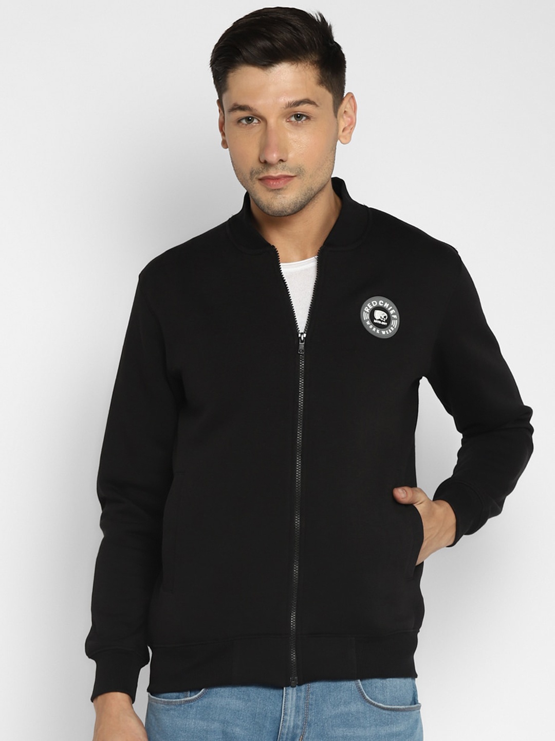 

Red Chief Kangaroo Pockets Mock Collar Cotton Front-Open Sweatshirt, Black
