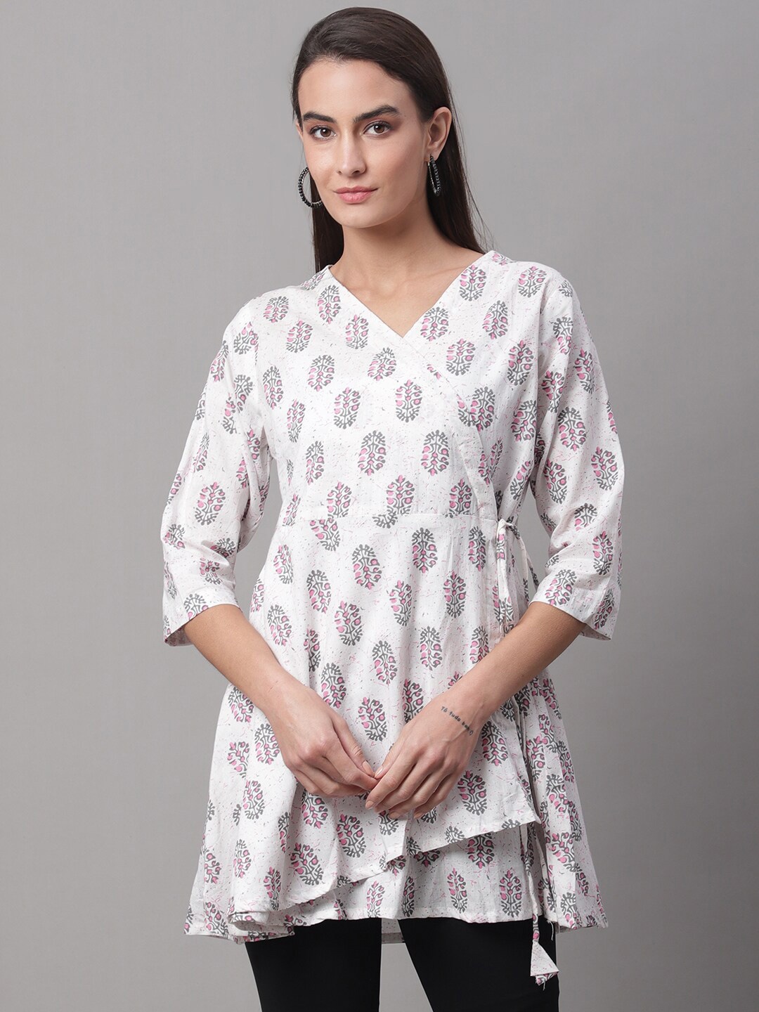 

FERANOID Floral Printed Pure Cotton Tie-Ups V-Neck Flared Tunic, White