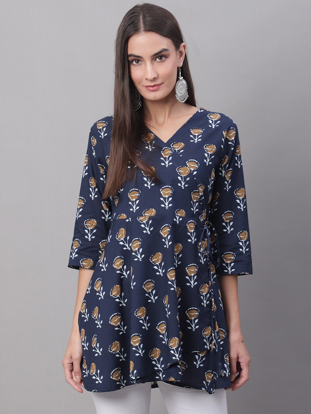 

FERANOID Floral Printed Pure Cotton Tie-Ups V-Neck Flared Tunic, Blue