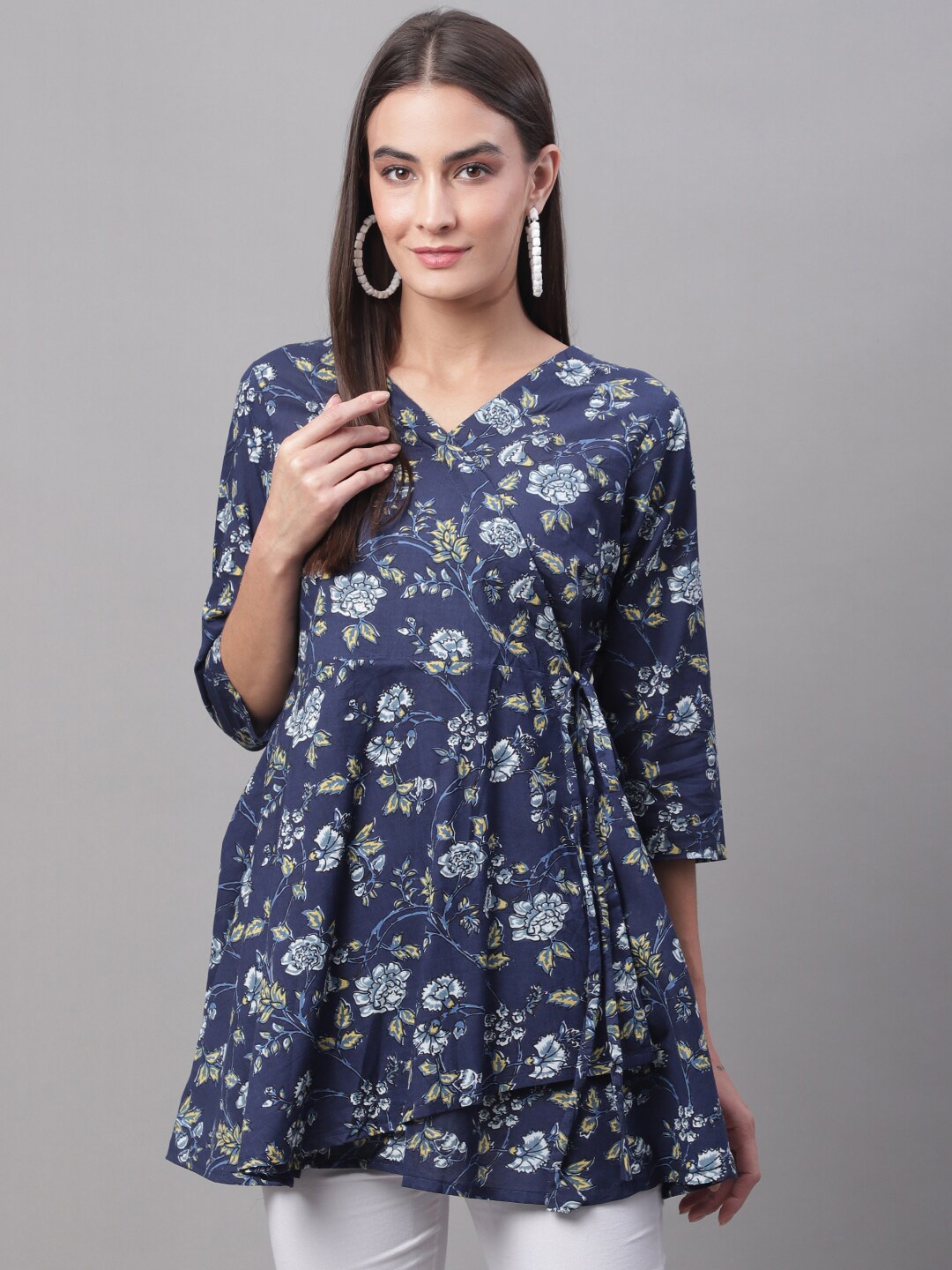 

FERANOID Floral Printed Pure Cotton Tie-Ups V-Neck Flared Tunic, Blue