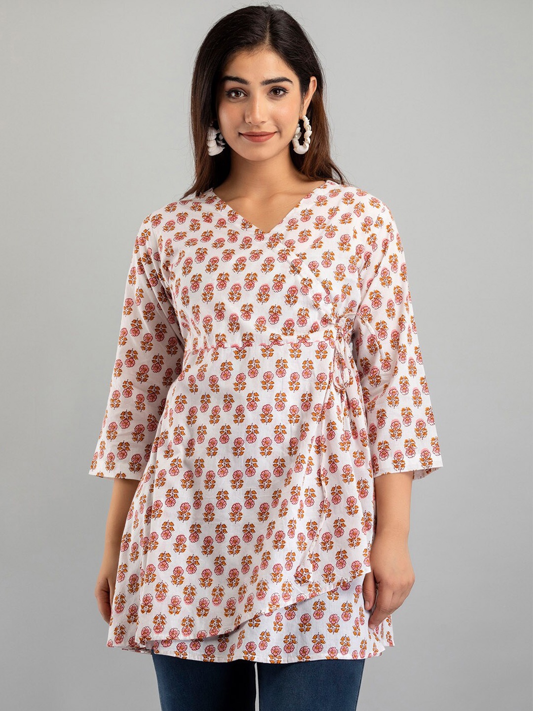 

FERANOID Printed Pure Cotton Tie-Ups V-Neck Flared Tunic, White