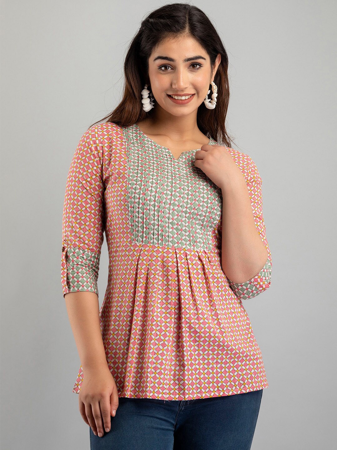 

FERANOID Ethnic Printed Pure Cotton Tunic, Pink