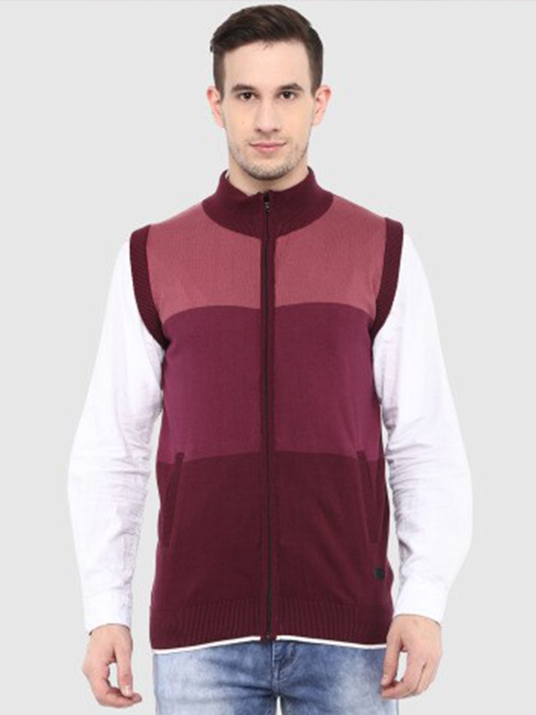 

Red Chief Mock Collar Colourblocked Organic Cotton Cardigan, Maroon