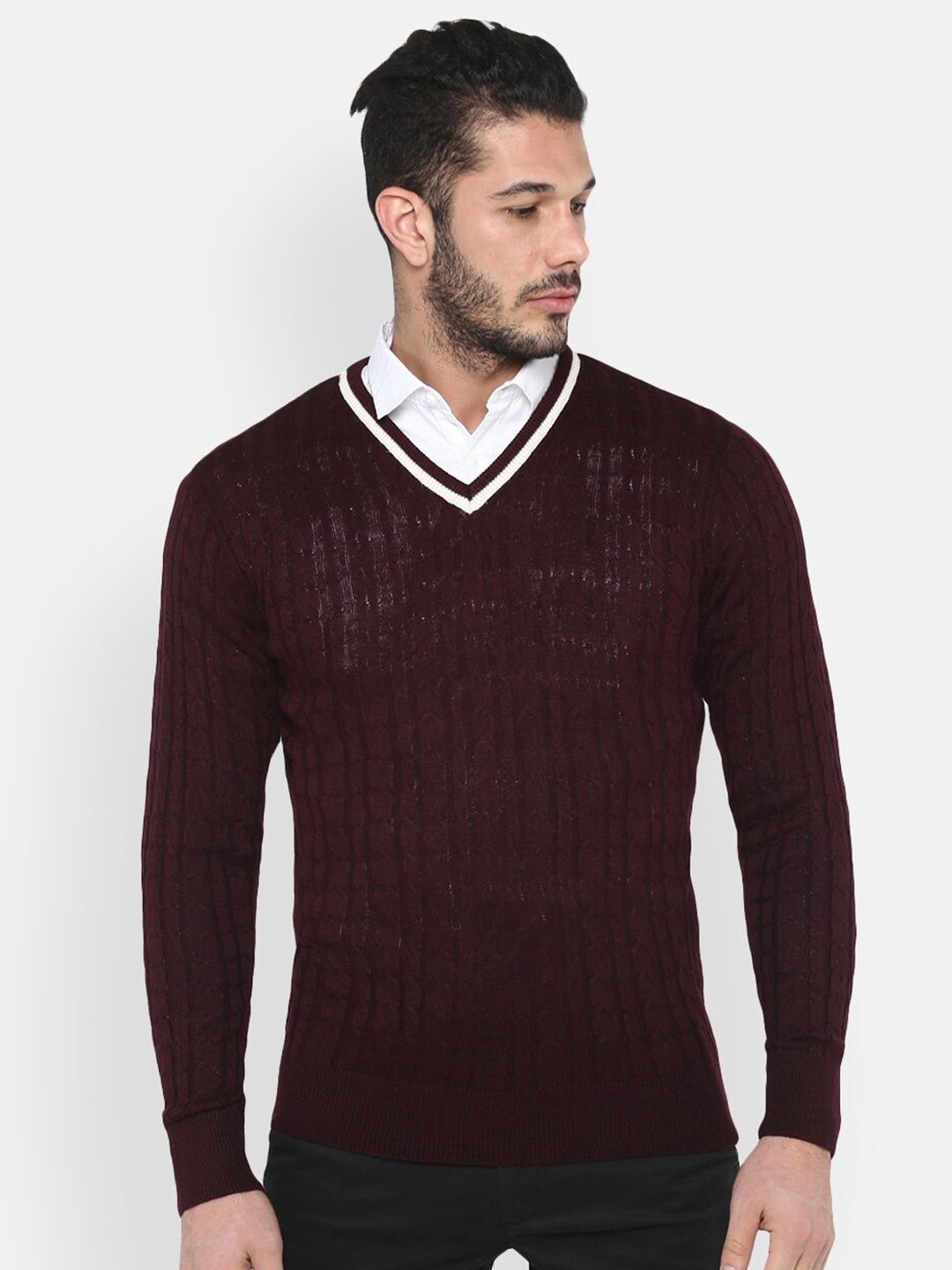

Red Chief Cable Knit V-Neck Acrylic Pullover Sweater, Maroon