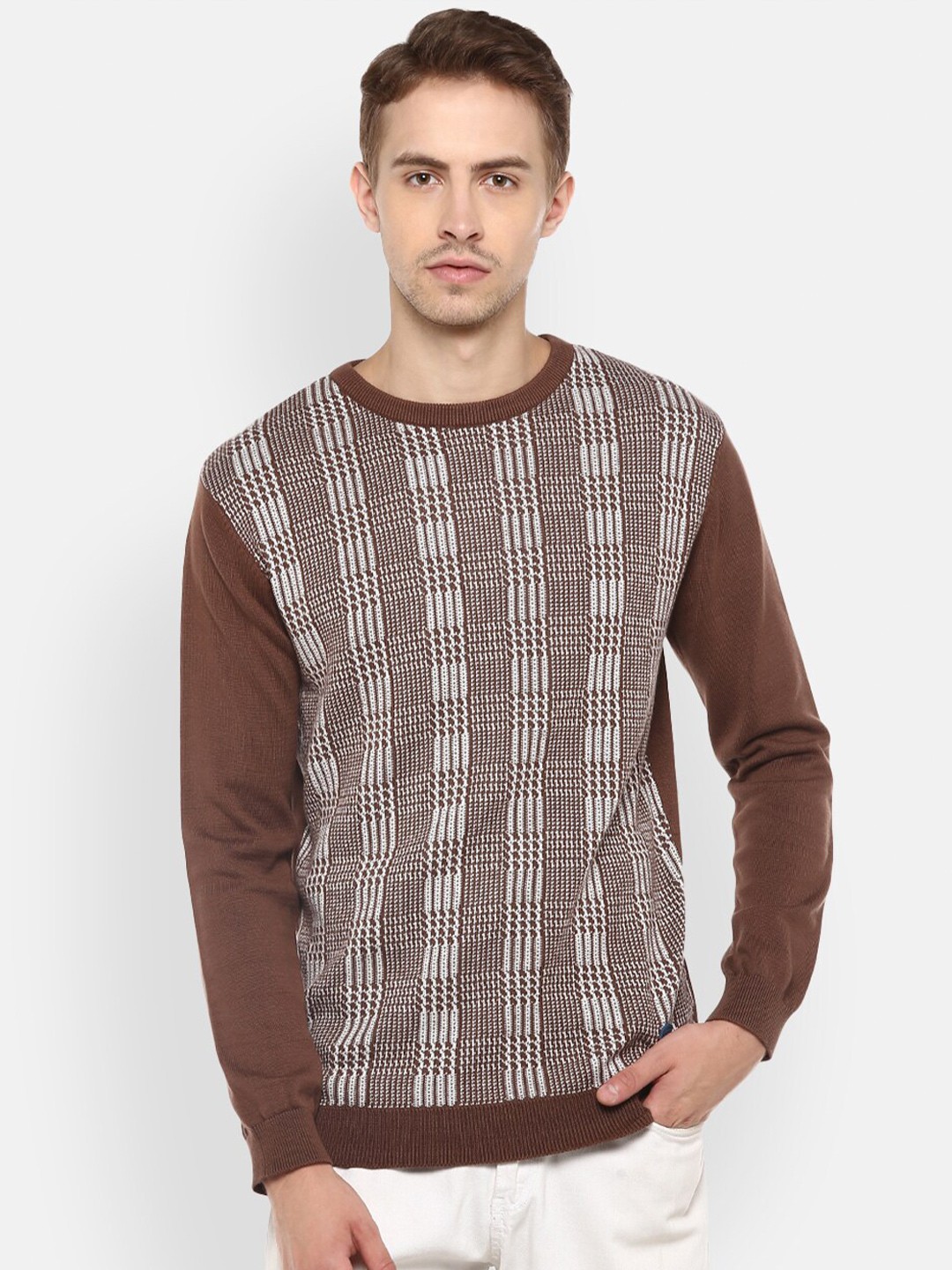 

Red Chief Long Sleeves Checked Pullover Cotton Sweater, Brown