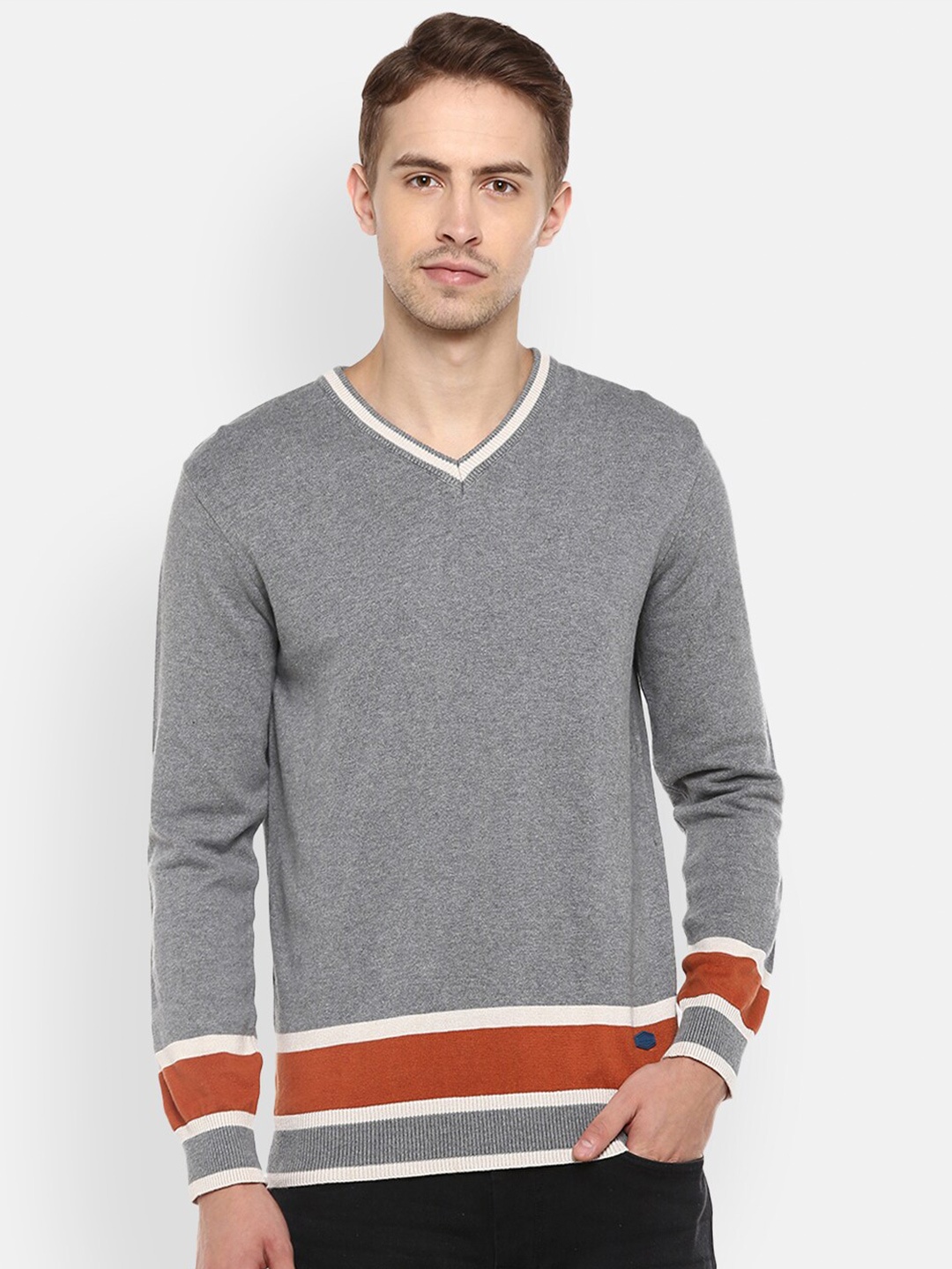 

Red Chief V- Neck Colourblocked Organic Cotton Pullover Sweater, Grey