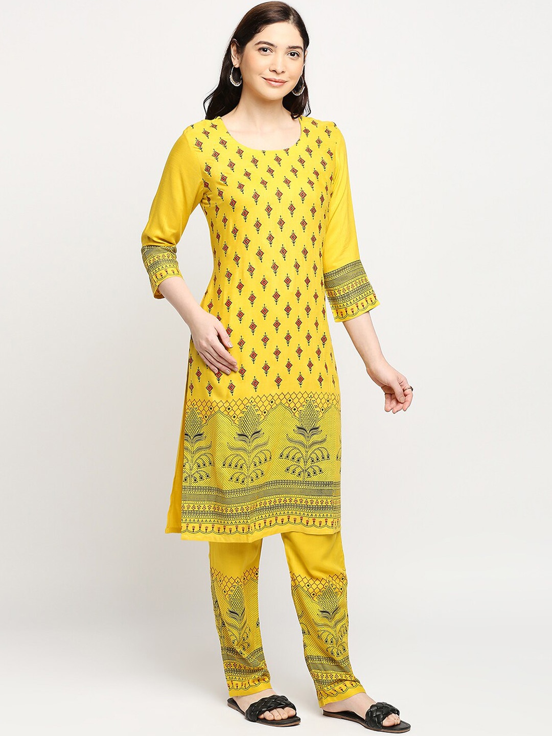 

ZRI Ethnic Motifs Printed Kurta with Trousers, Mustard