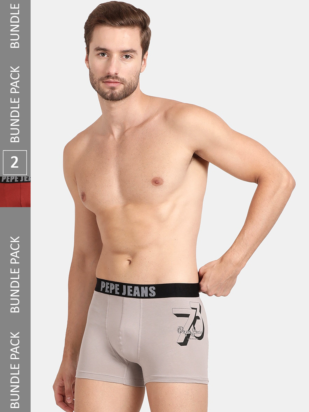 

Pepe Jeans Men Pack of 2 Brand Logo Printed Outer Elastic Cotton Trunks, Grey