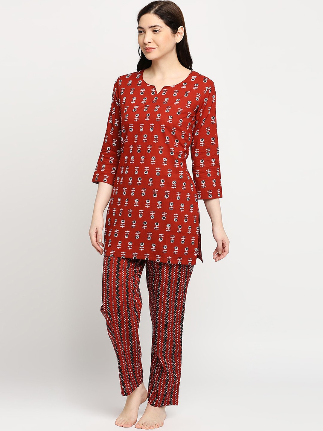 

ZRI Floral Printed Pure Cotton Night Suit, Rust