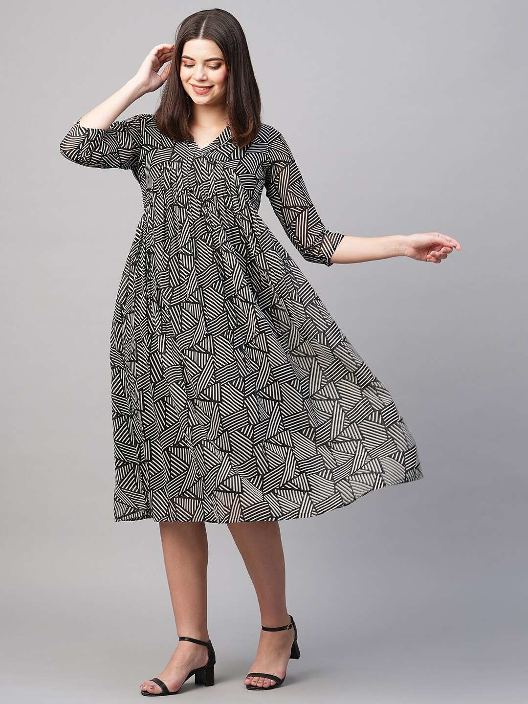 

KALINI Printed Georgette A-Line Midi Dress, Black