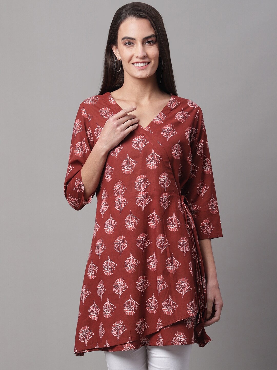 

FERANOID Printed Pure Cotton Tie-Ups V-Neck Flared Tunic, Rust