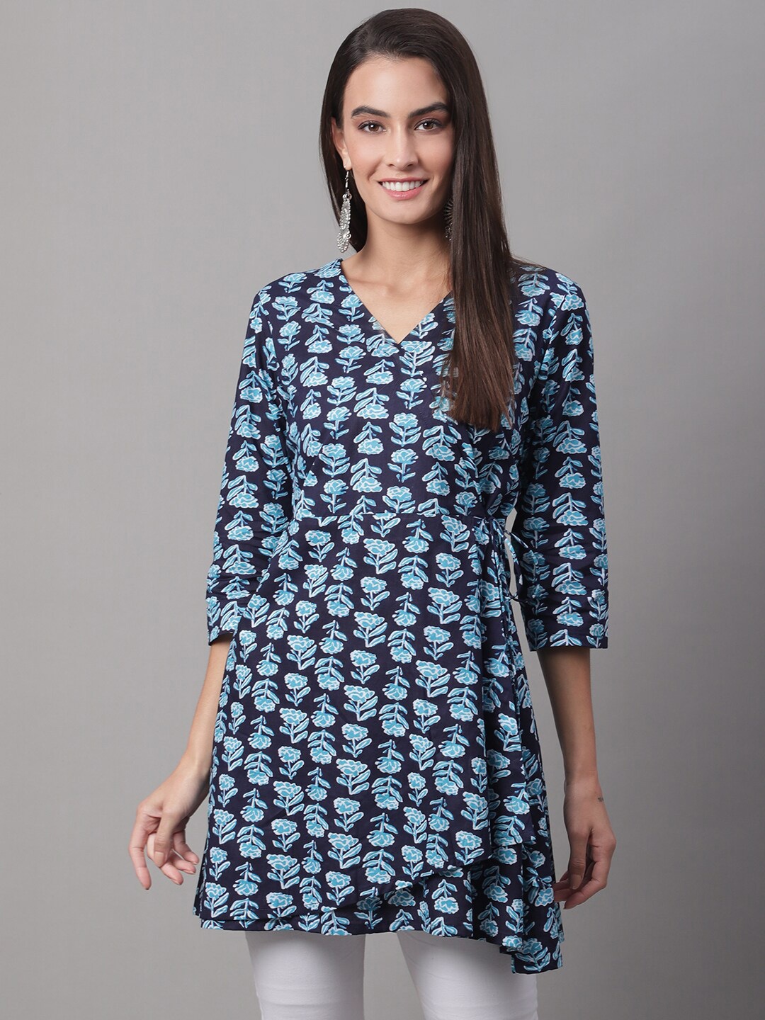 

FERANOID Printed Pure Cotton Tie-Ups V-Neck Flared Tunic, Blue