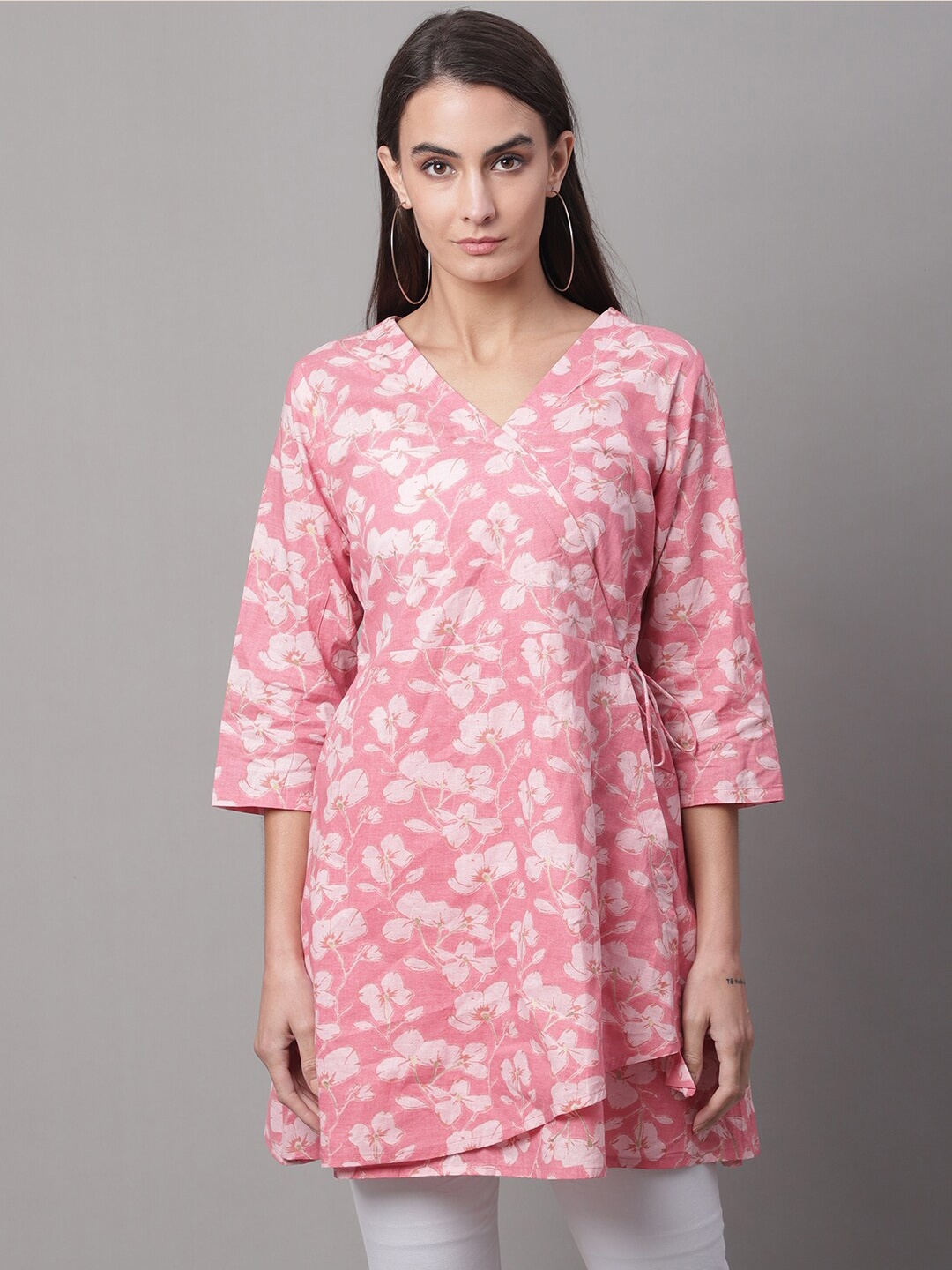 

FERANOID Printed Pure Cotton Tie-Ups V-Neck Flared Tunic, Pink