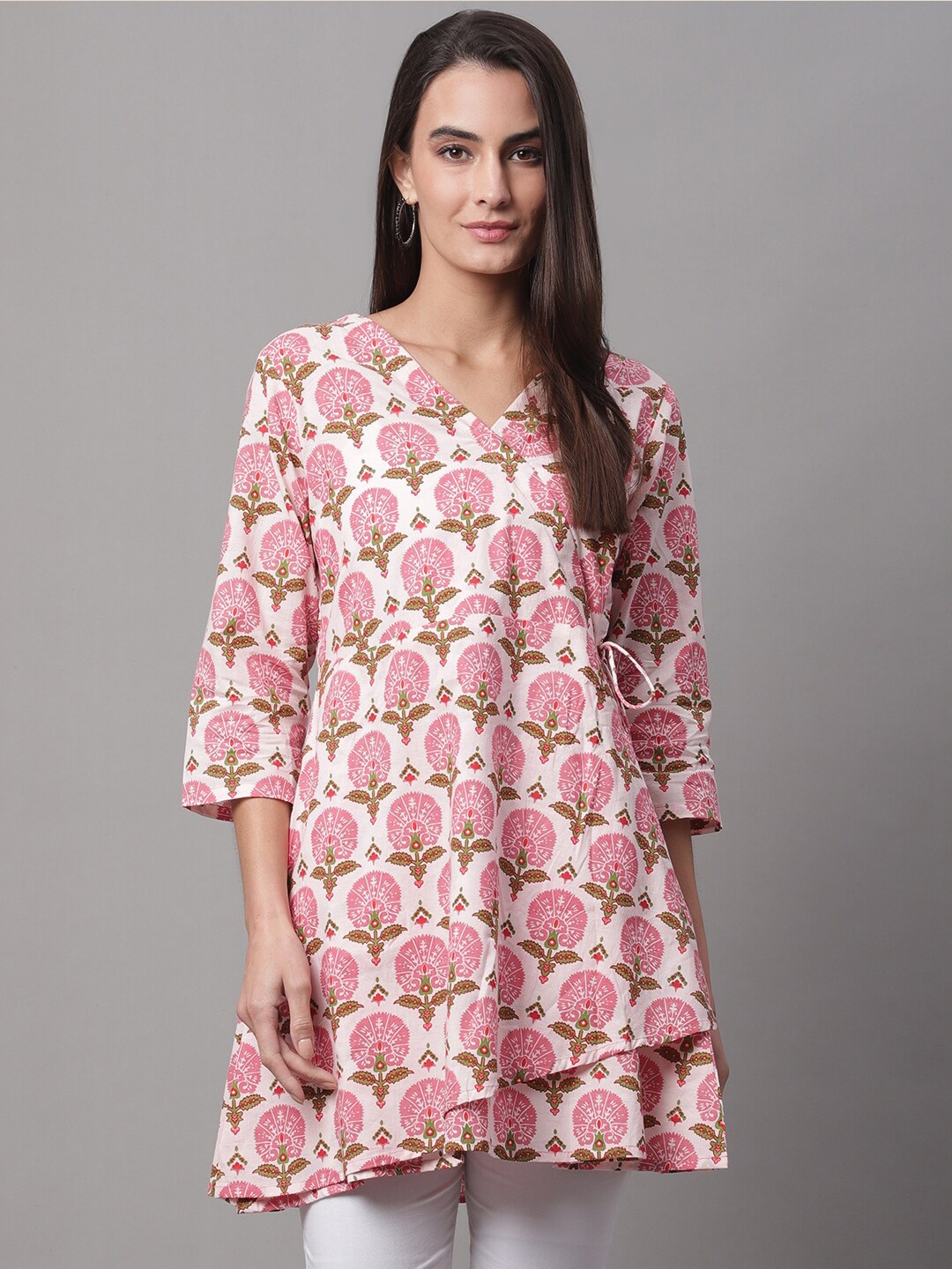 

FERANOID Printed Pure Cotton Tie-Ups V-Neck Flared Tunic, White