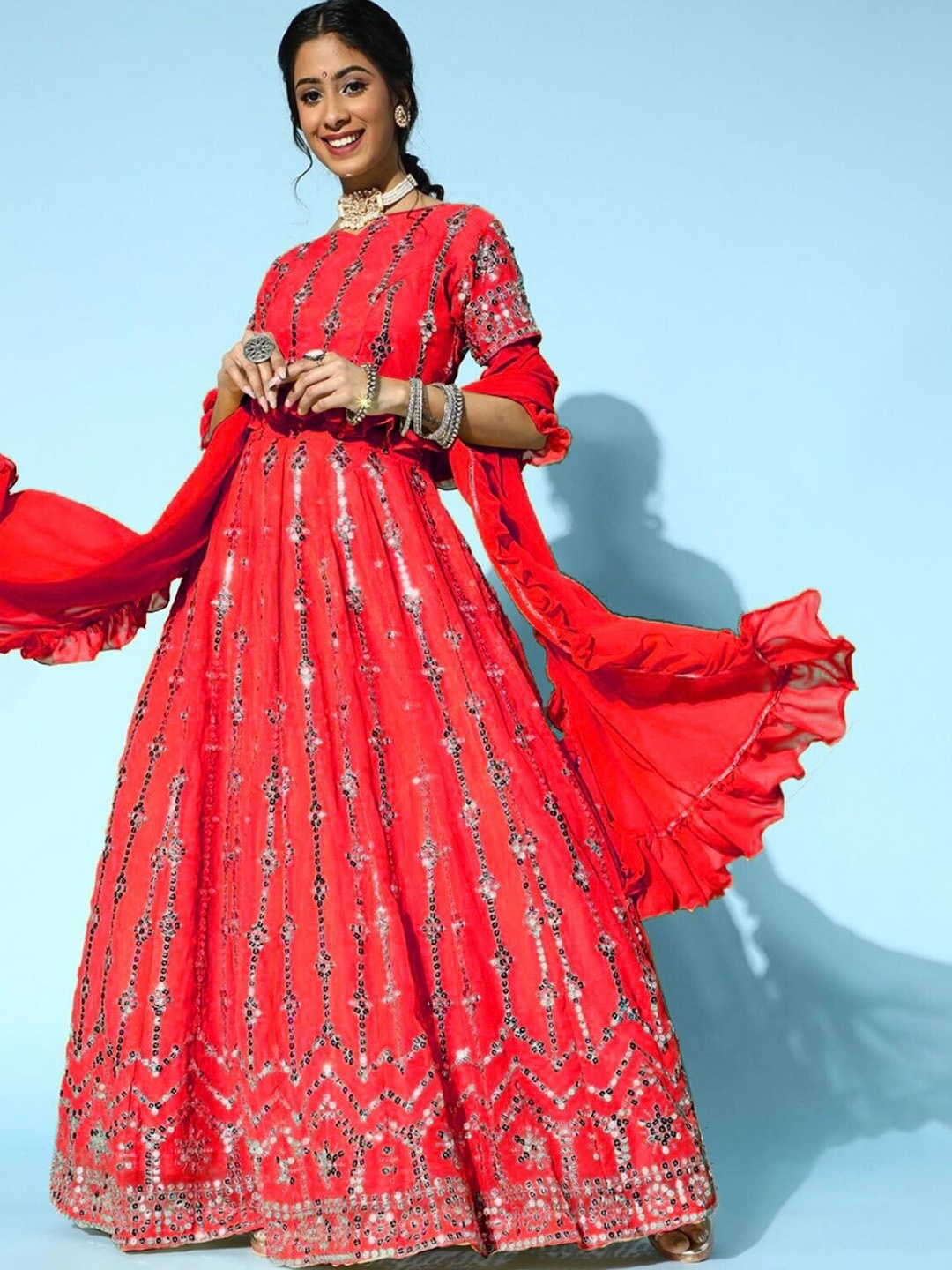 

BCZ Style Embellished V-Neck Mirror Work Ready To Wear Lehenga & Blouse With Dupatta, Red