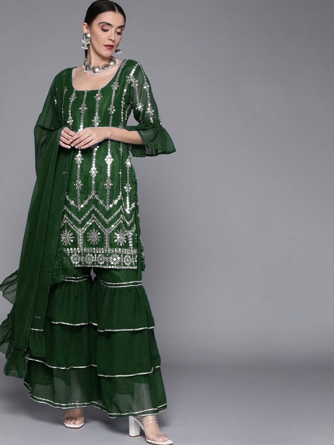 

BCZ Style Embroidered Kurta With Sharara & Dupatta, Green