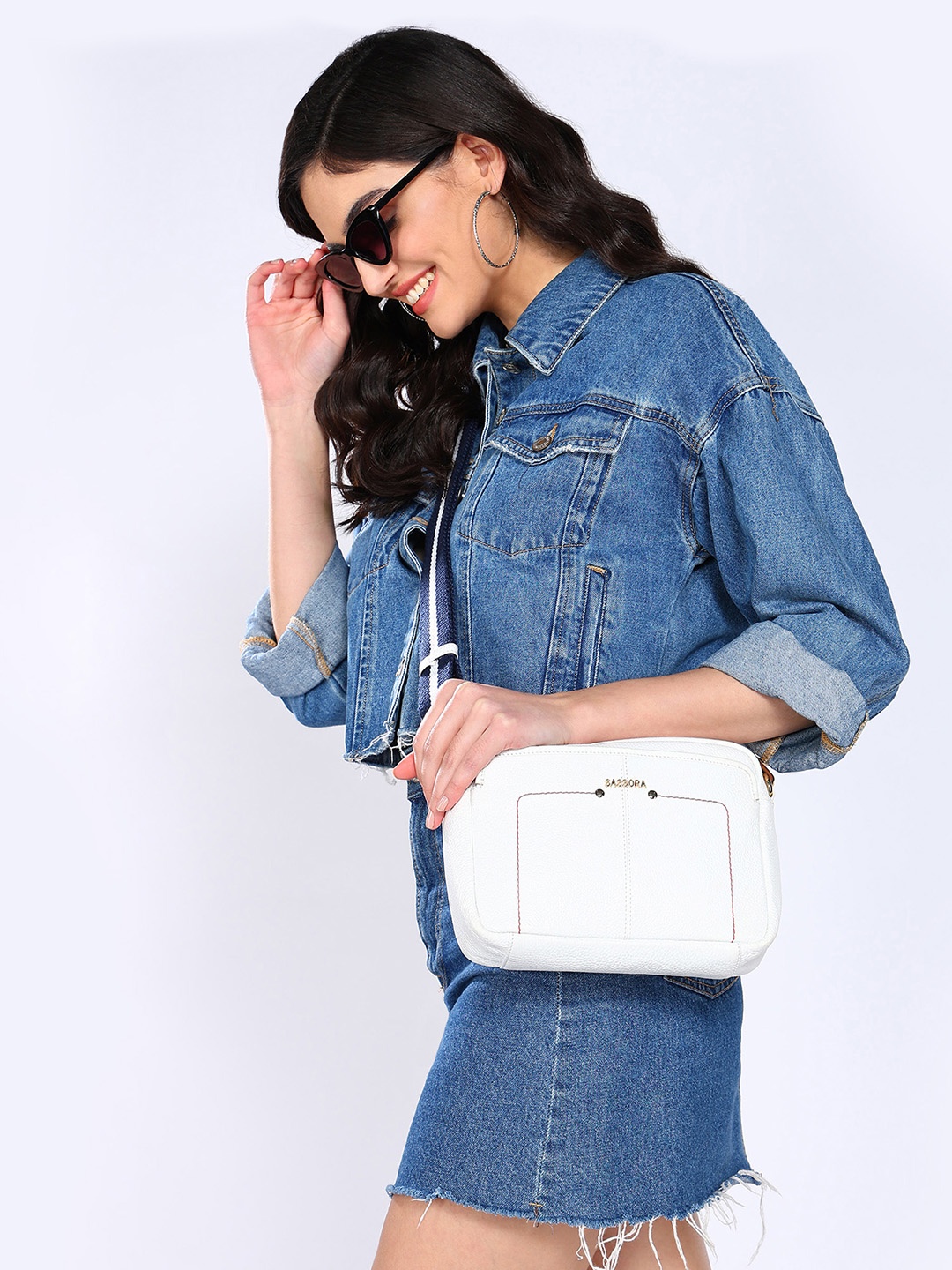

Sassora White Striped Leather Structured Sling Bag