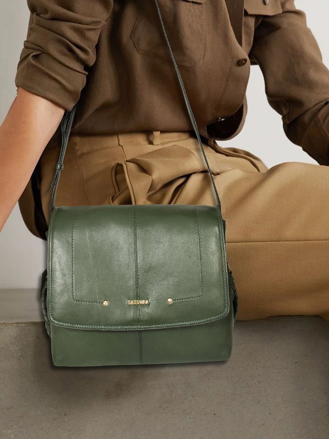 

Sassora Leather Structured Sling Bag, Green