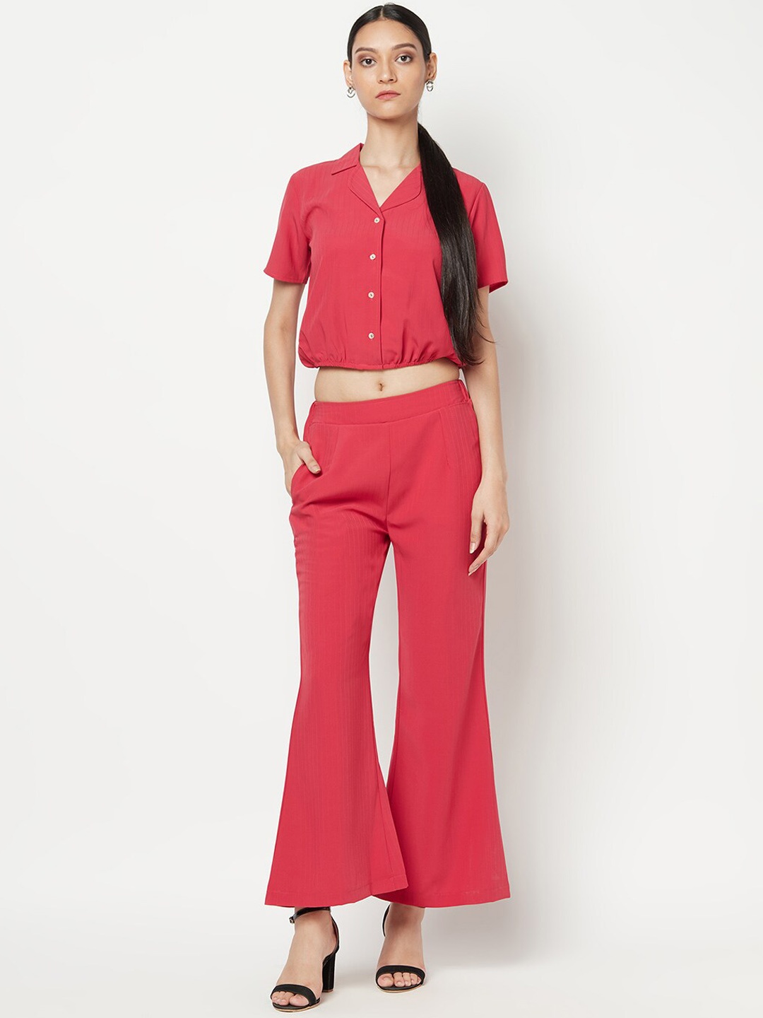 

Miss Grace Collar Neck Crop Top With Bell Bottom Pants Co-Ords, Pink