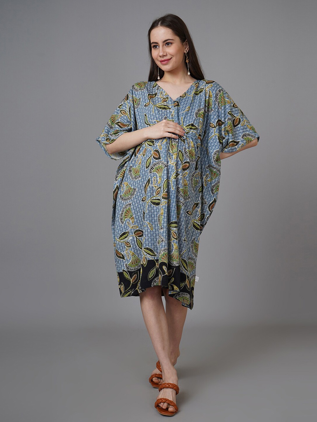 

The Mom Store Ethnic Motifs Printed Pure Cotton Maternity Kaftan Nightdress, Blue